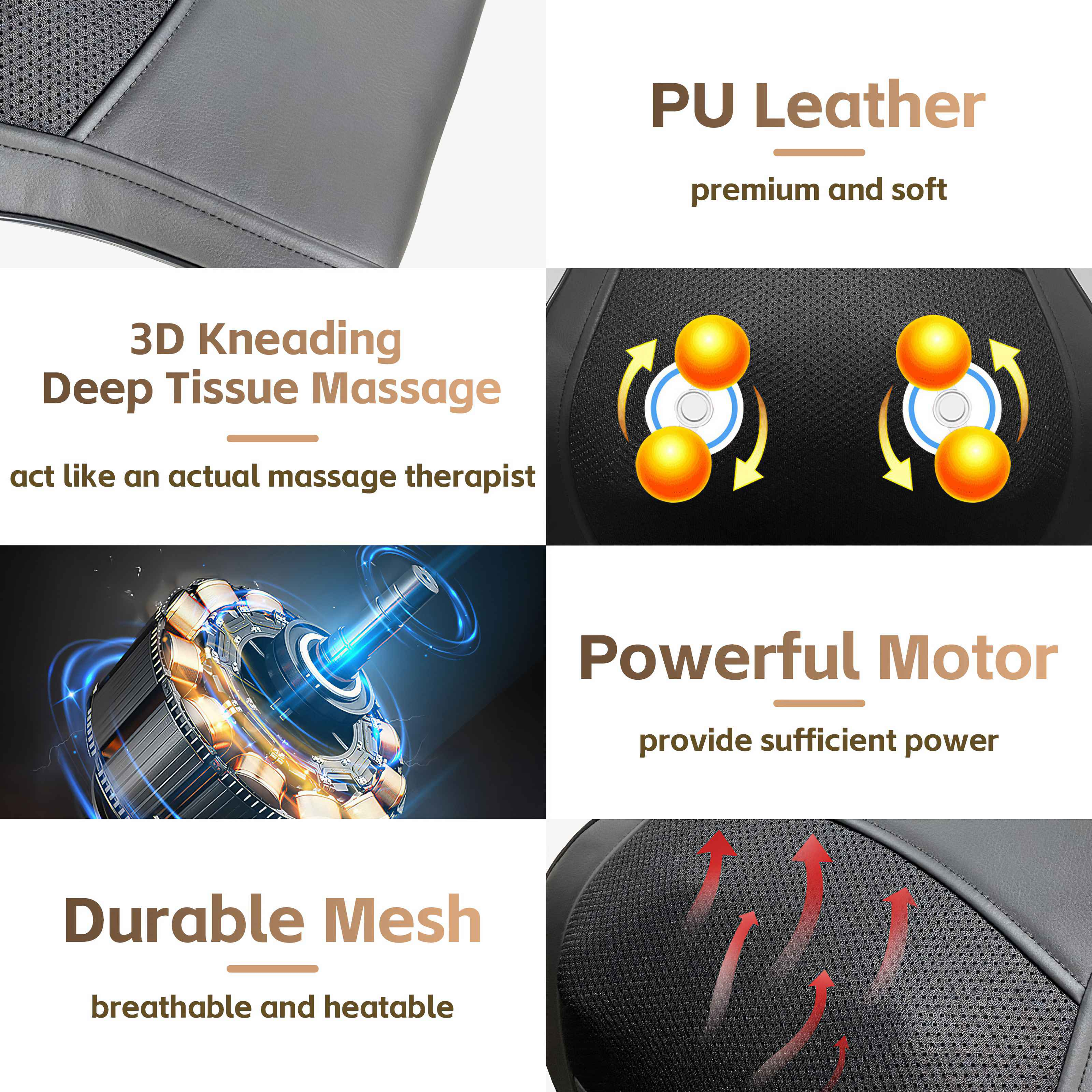 Werbung mit Produktmerkmalen: PU-Leder, 3D-Massage, strapazierfähiges Netz und starker Motor. Text und Grafiken werden angezeigt.