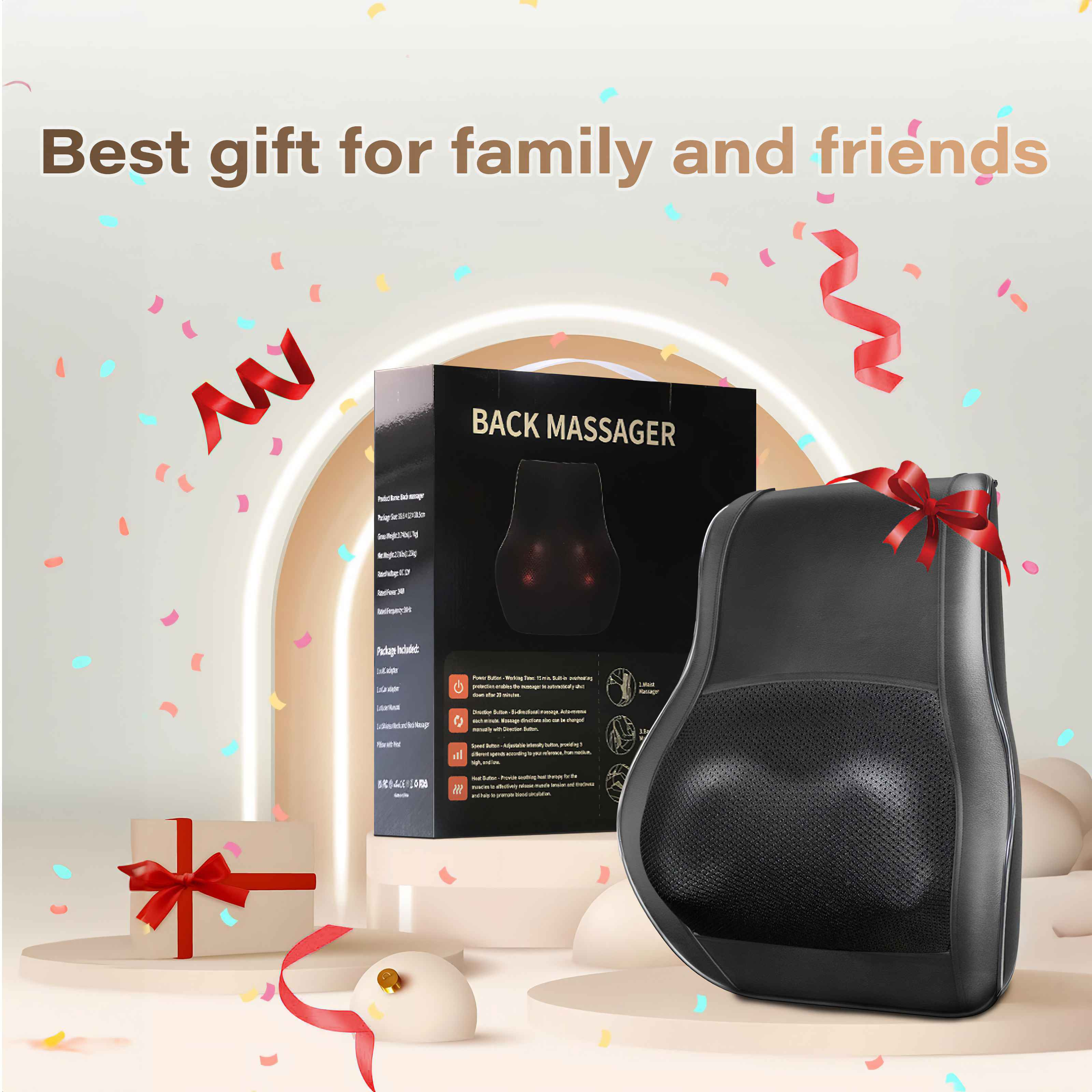 Ein schwarzes Rückenmassagegerät mit einer Box mit der Aufschrift 'BACK MASSAGER'. Konfetti und Bänder sind vorhanden.