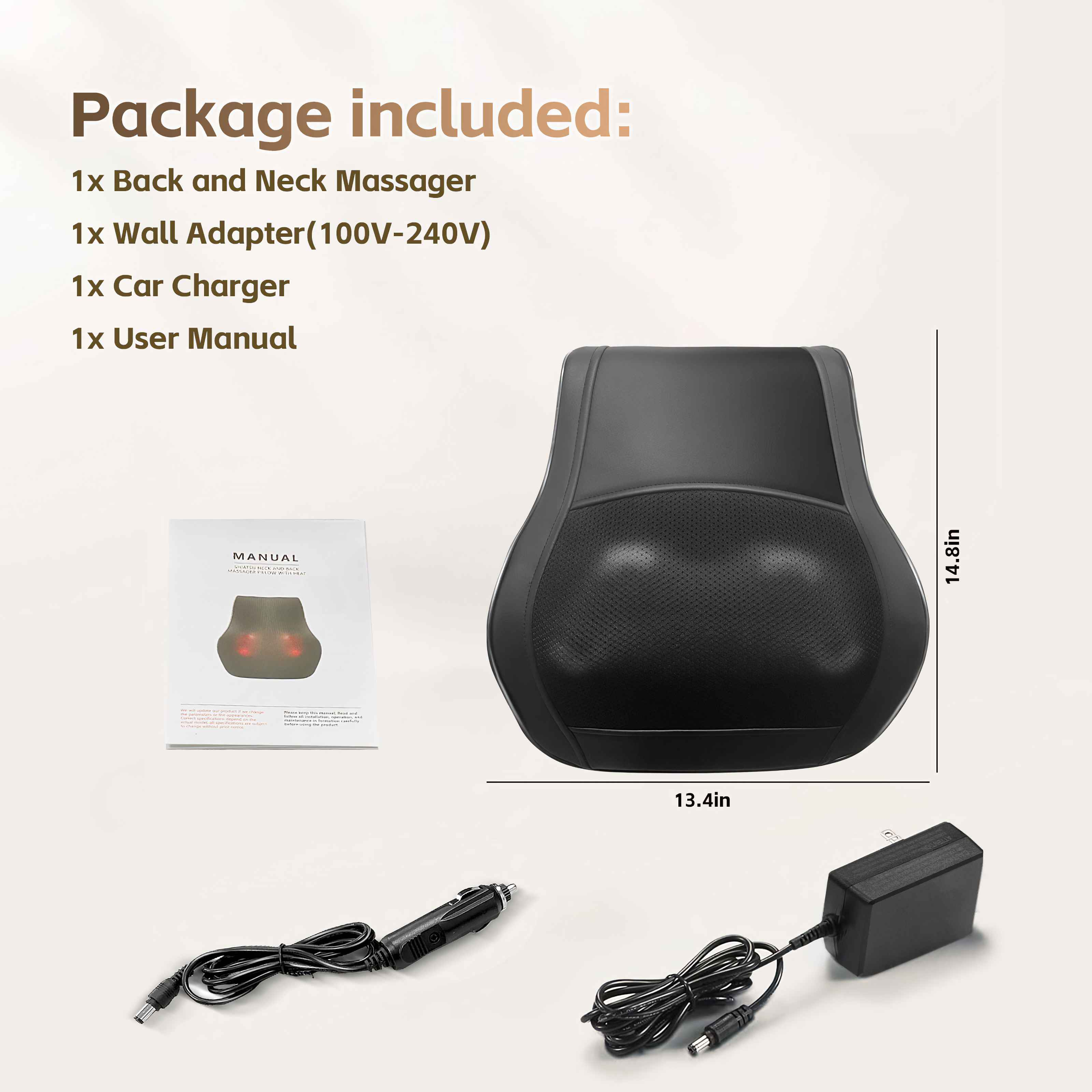 Das Bild zeigt ein Rückenmassagegerät mit Zubehör: Adapter, Autoladegerät und Handbuch auf hellem Hintergrund.