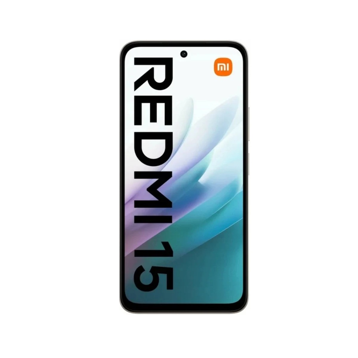 Teléfono Xiaomi Redmi 15. Marco negro, pantalla grande con diseño de olas azules y blancas. Texto Redmi 15 y logo de Xiaomi.
