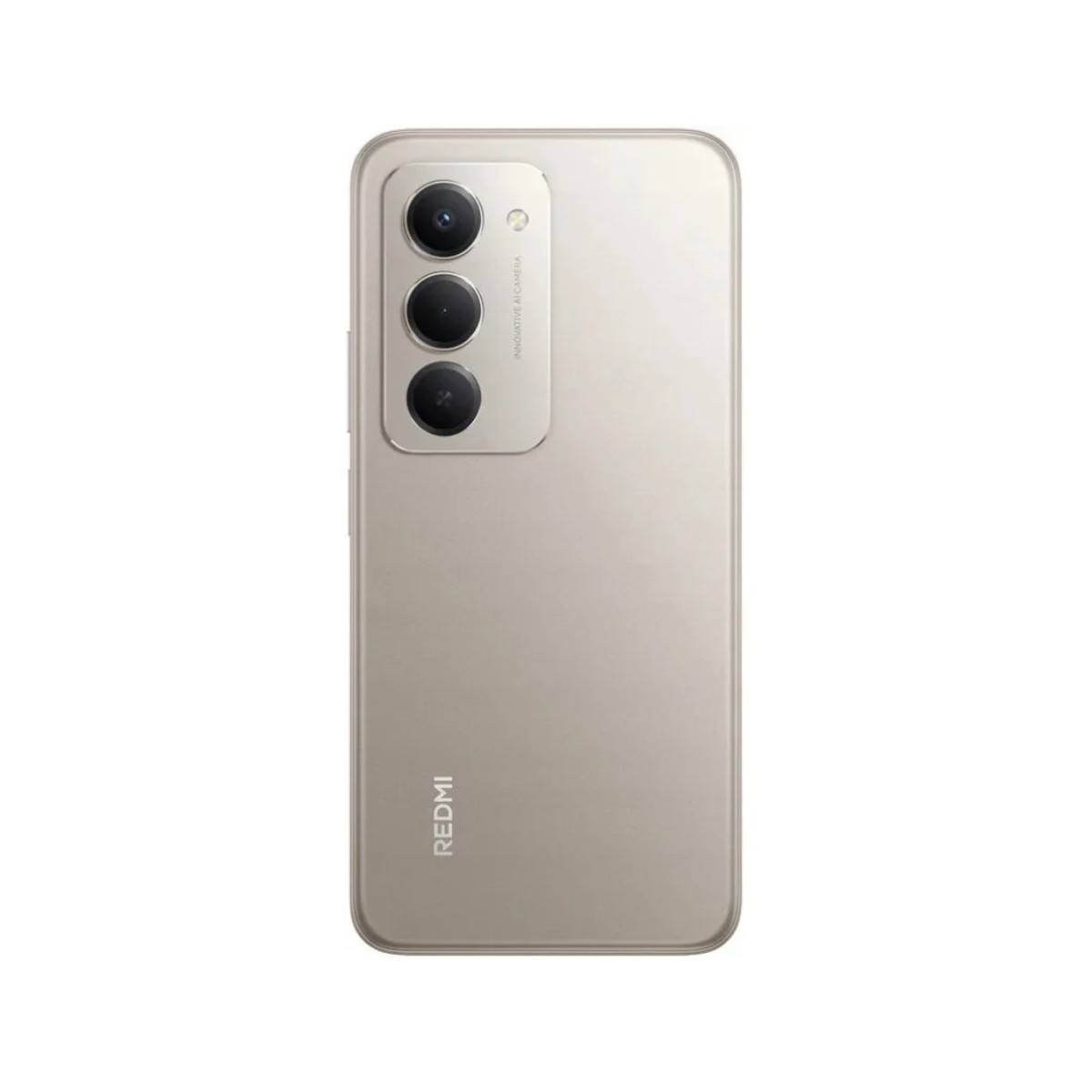 Parte trasera de un smartphone beige con triple cámara. El logo 'REDMI' es visible. Fondo blanco.