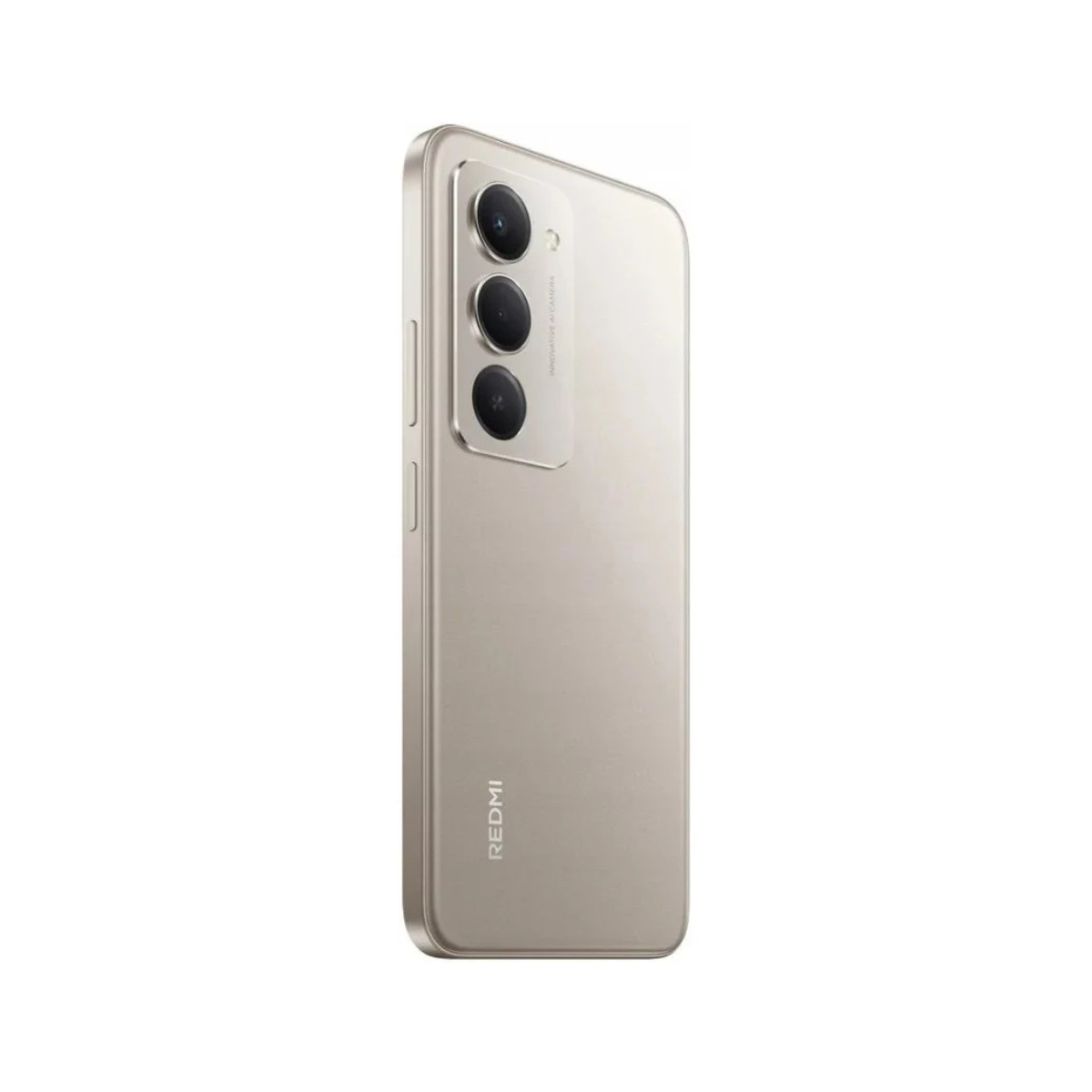 Un smartphone beige con tres cámaras traseras está ligeramente inclinado. El logotipo de Redmi es visible. El fondo es blanco.