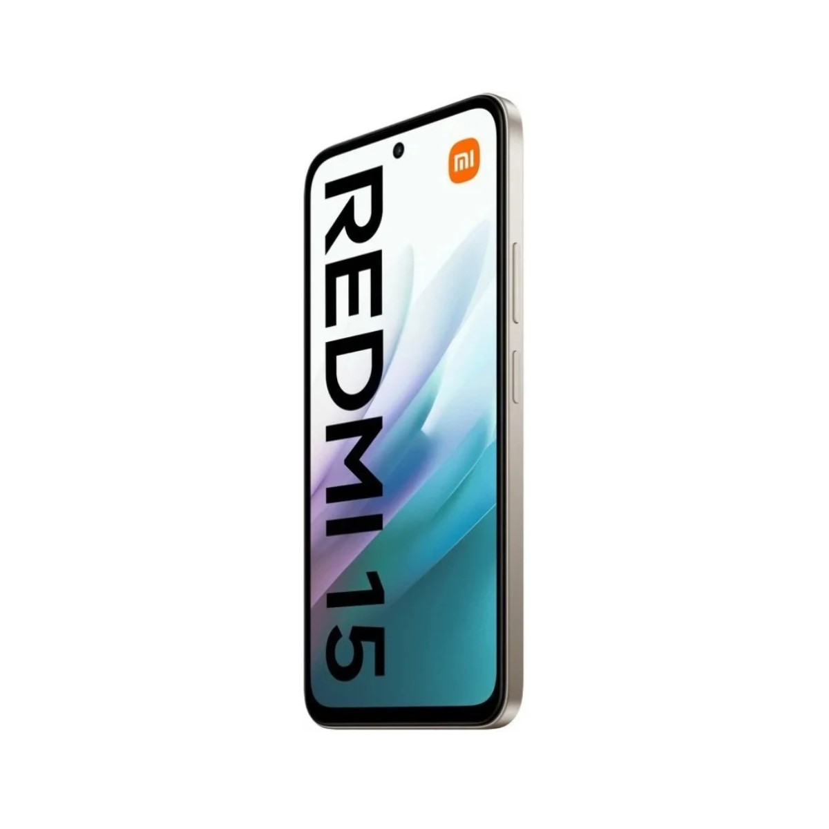 Un smartphone, Redmi 15, inclinado. La pantalla muestra un degradado y el logo de Mi es visible. El teléfono está sobre un fondo blanco.