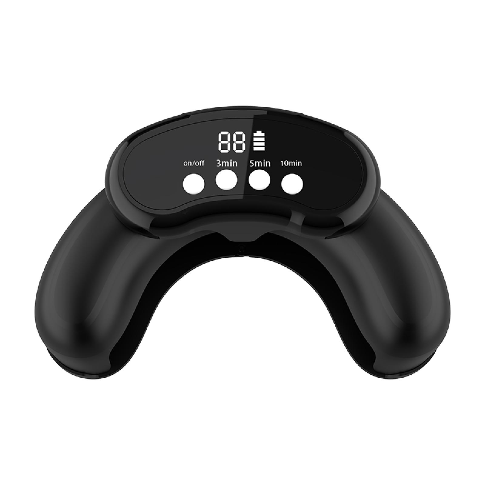 Schwarzes Nackenmassagegerät mit digitaler Anzeige '88', Tasten für Ein/Aus, 3min, 5min und 10min Einstellungen.