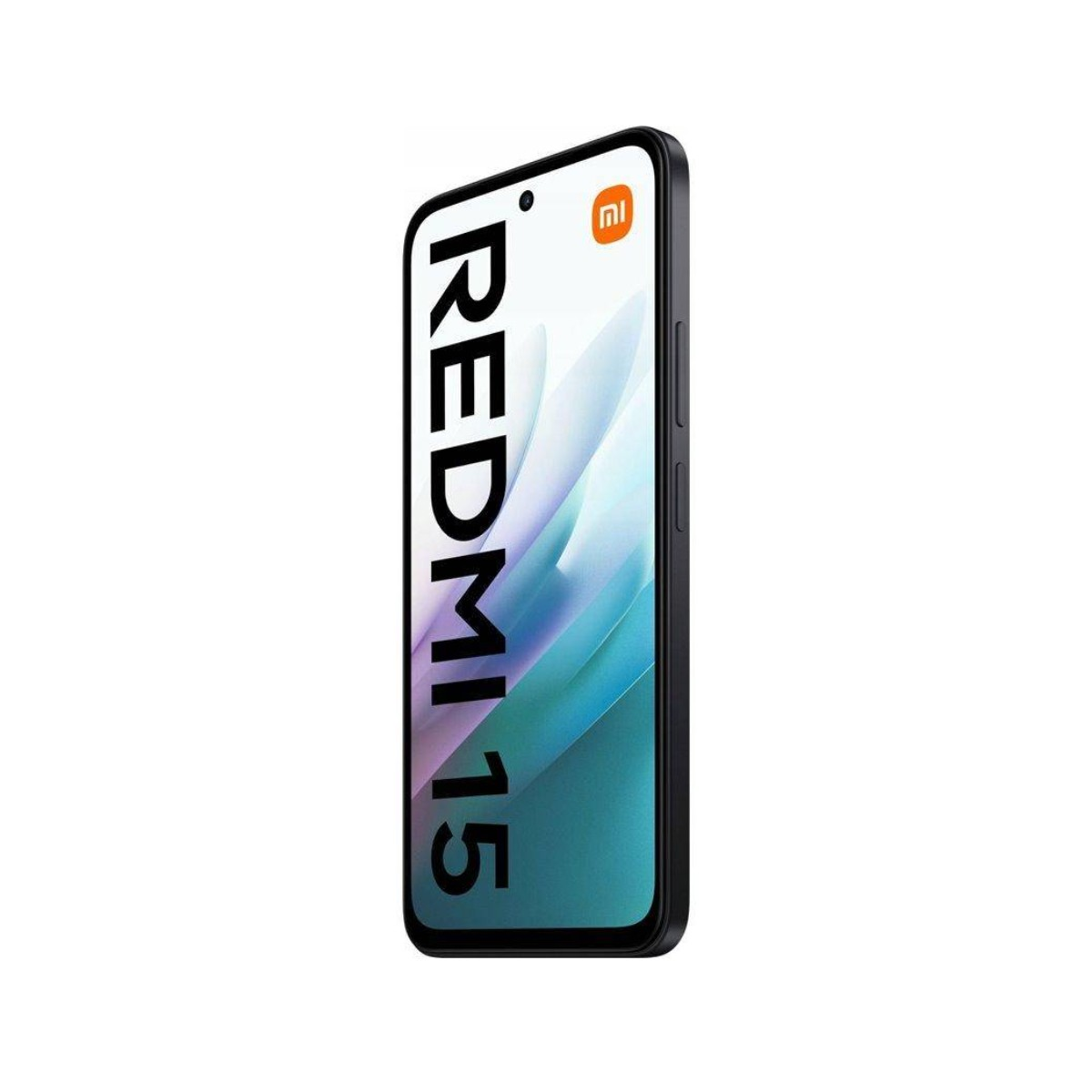 Un teléfono inteligente Redmi 15 sobre un fondo blanco. El teléfono tiene un borde negro. La pantalla muestra un gradiente de azul y verde.