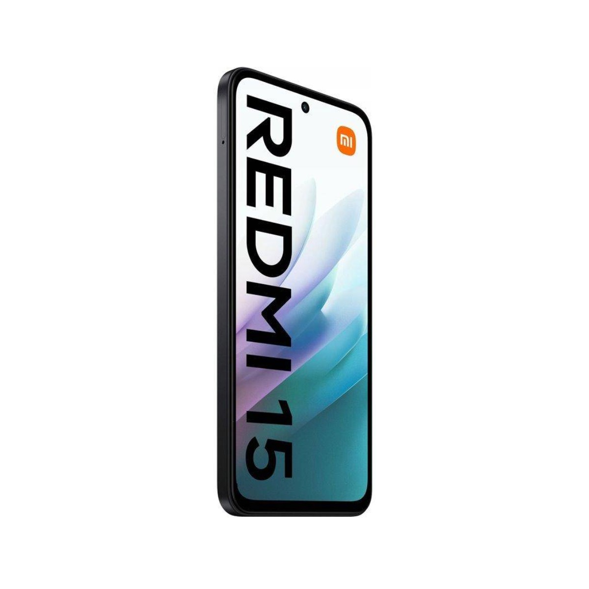 Un teléfono inteligente negro con la palabra REDMI 15 escrita verticalmente en la pantalla. La pantalla muestra un fondo de pantalla azul y blanco.
