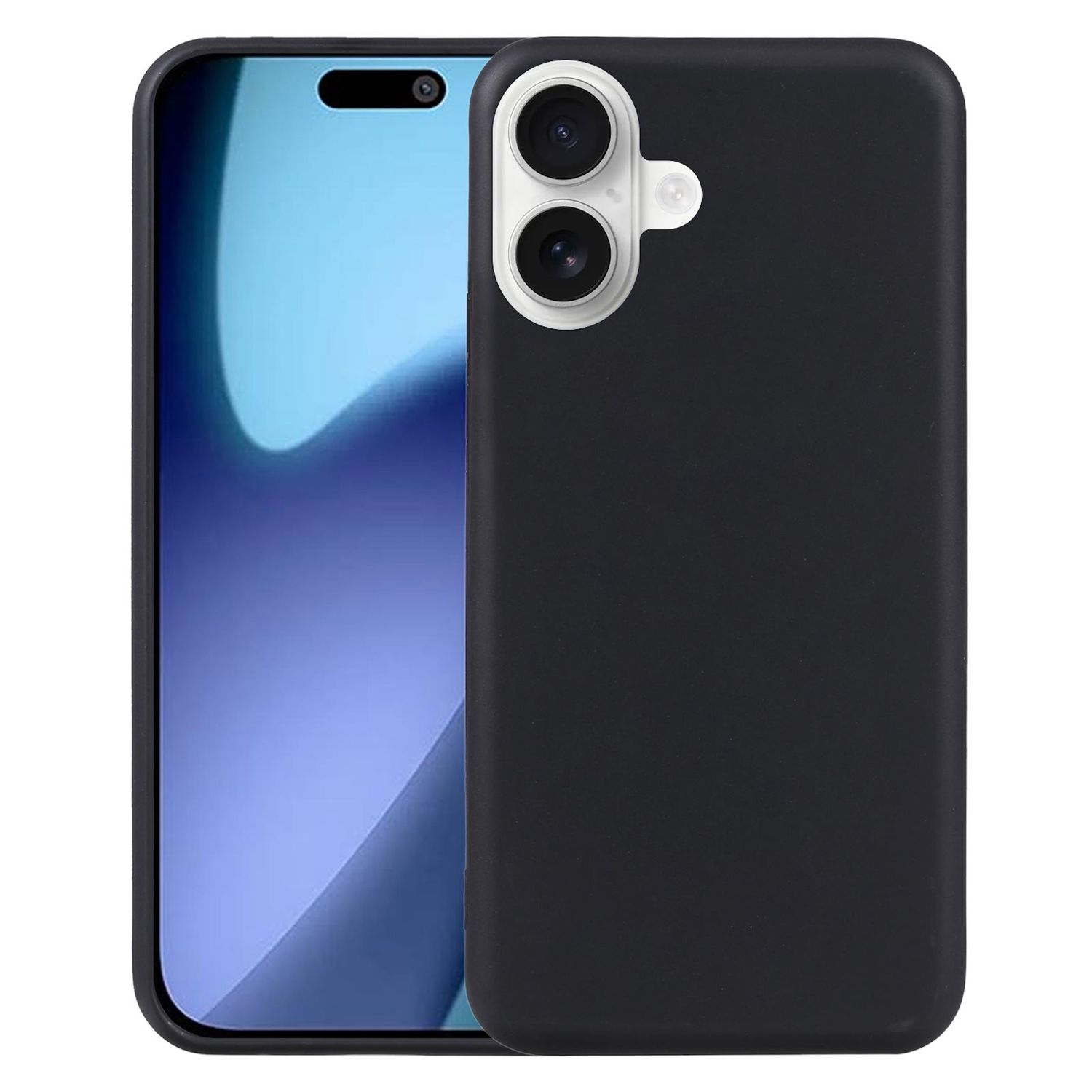 Eine schwarze Handyhülle neben einem Smartphone. Das Telefon zeigt einen blauen Bildschirm. Das Kameramodul ist weiß.
