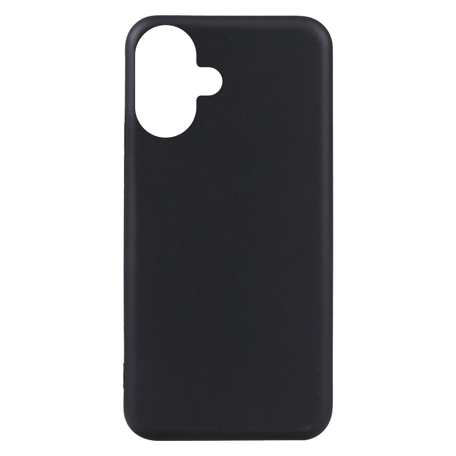 Una funda negra para teléfono con recortes para cámara y botones. La funda es de color negro liso, con esquinas redondeadas.