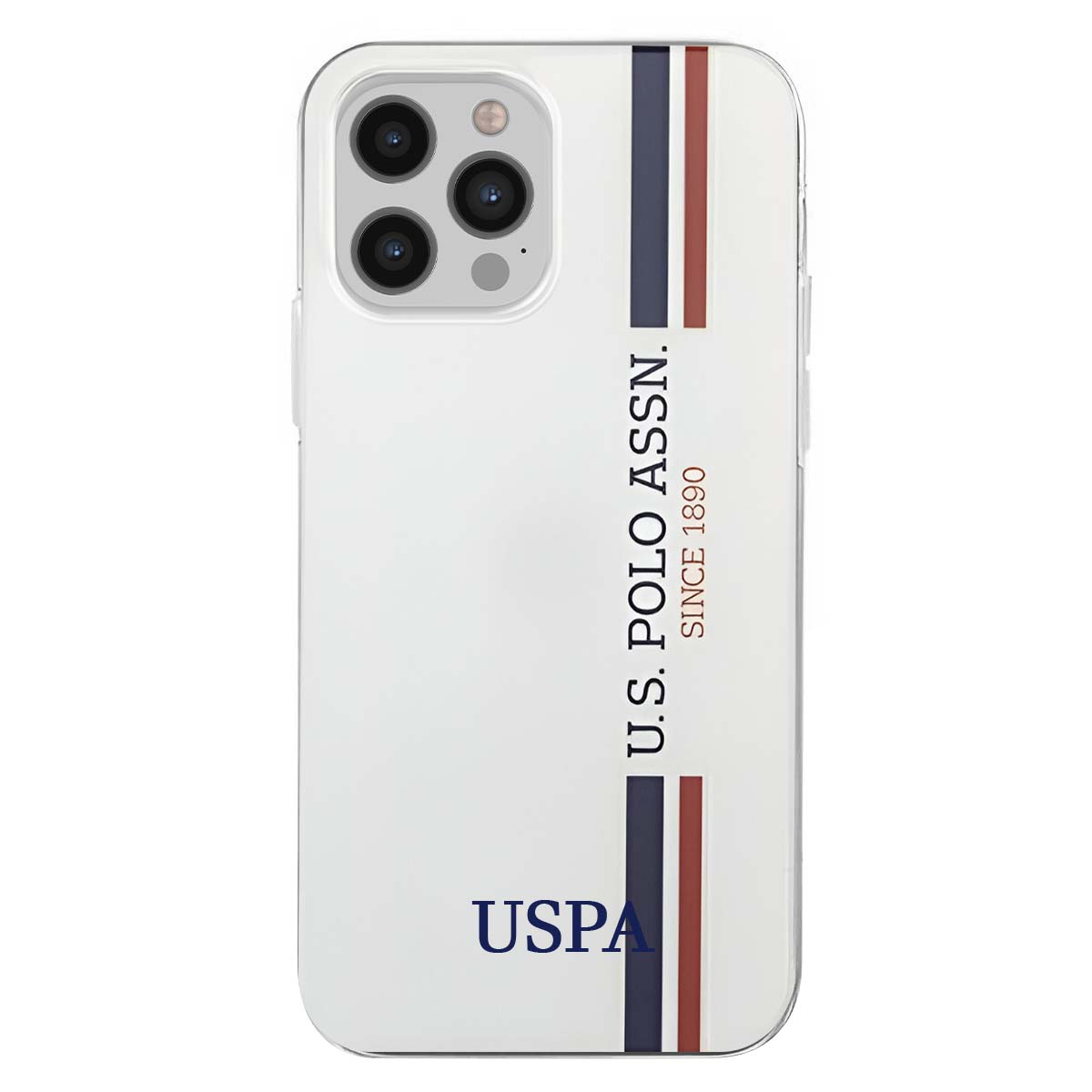 Custodia bianca per telefono con logo U.S. Polo Assn., strisce blu navy e rosse e testo USPA.