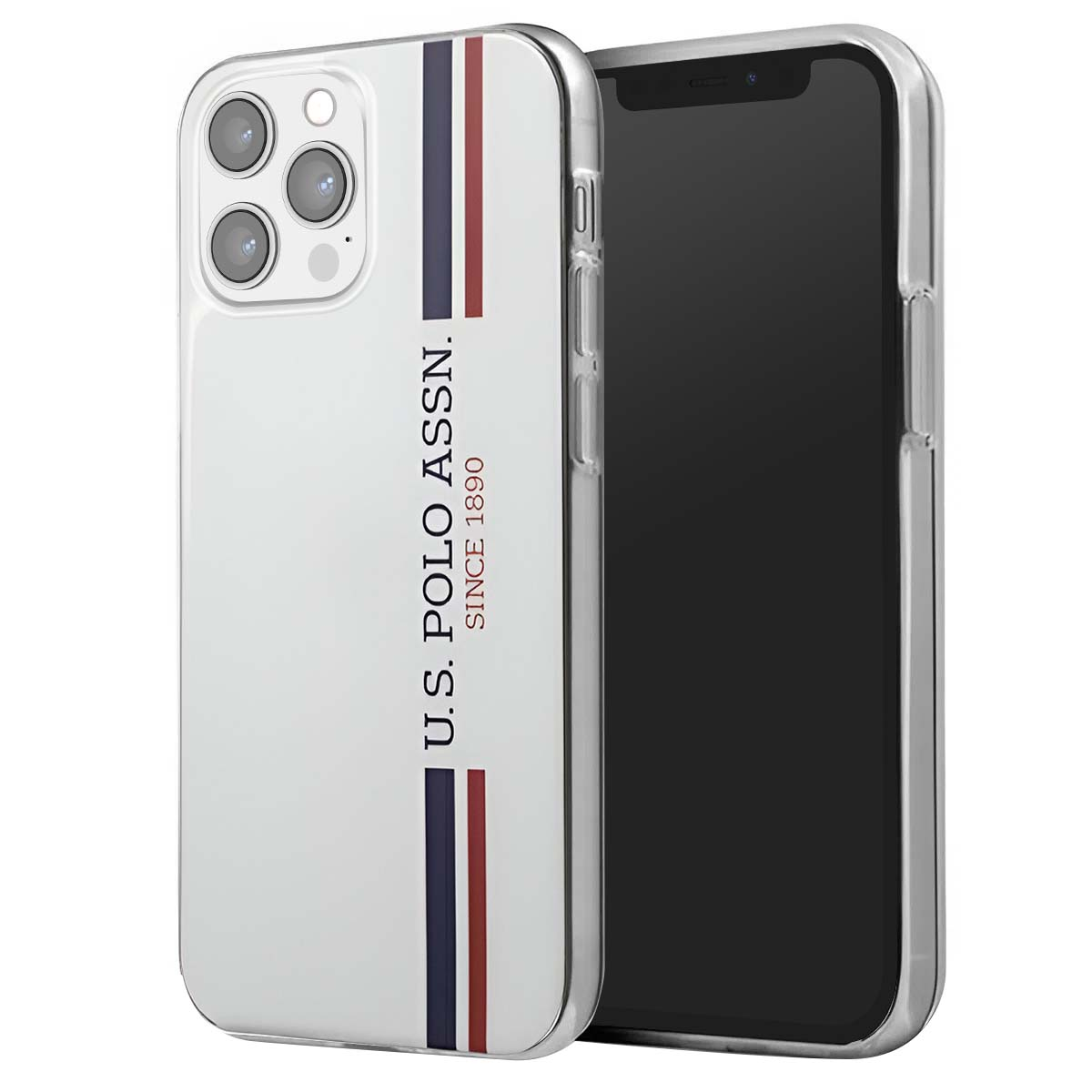 Una custodia bianca per telefono con il logo U.S. POLO ASSN. Ha strisce rosse e blu sul lato. C'è un telefono dentro.