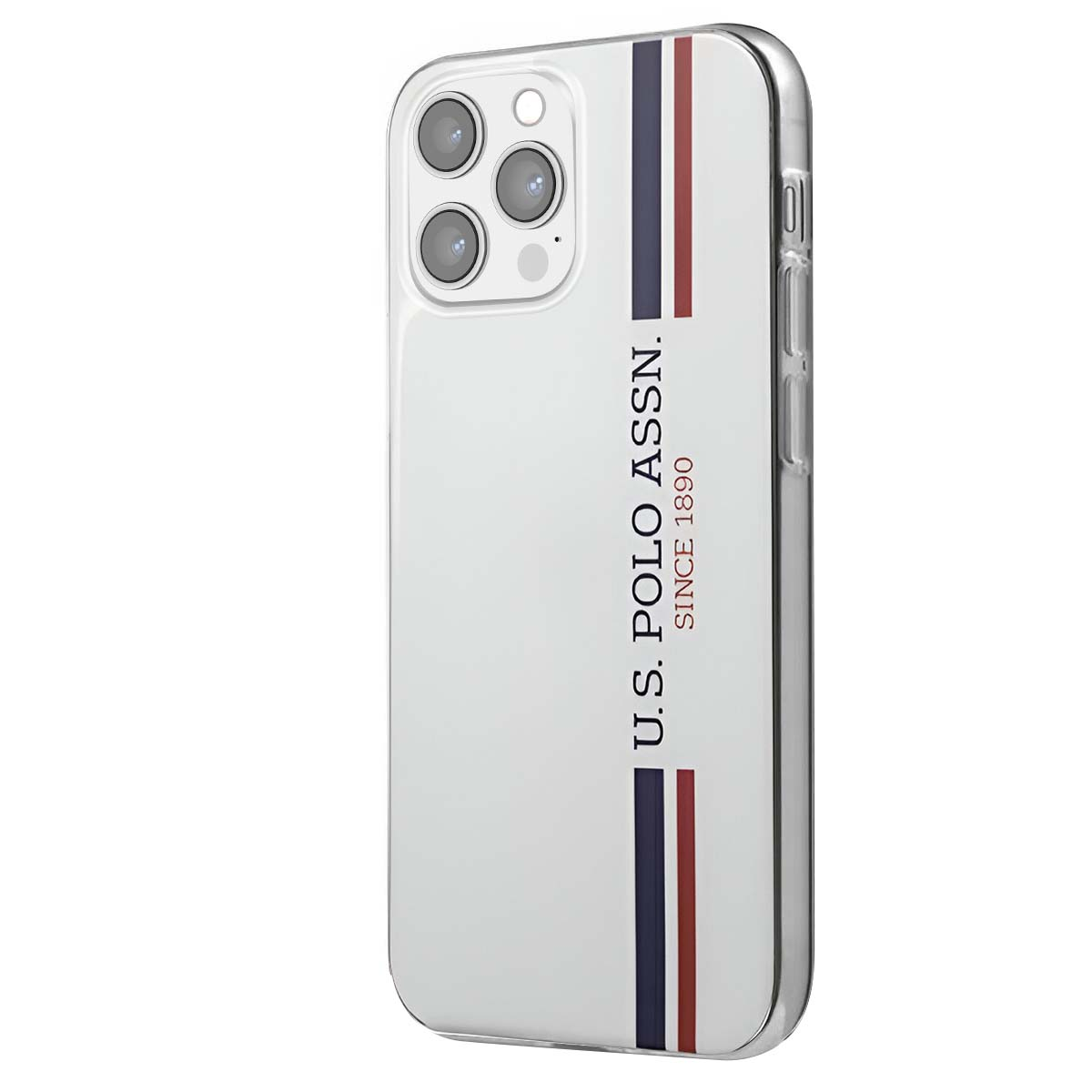 Una custodia bianca per iPhone con il logo U.S. Polo Assn. Strisce verticali blu navy e rosse sul lato. La fotocamera del telefono è visibile.