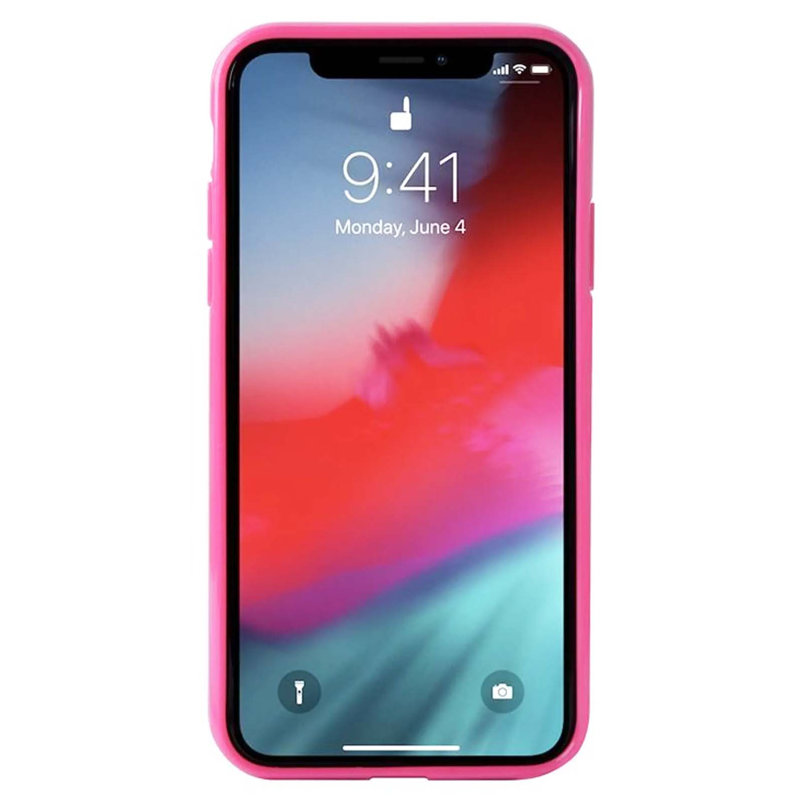 Ein iPhone in einem rosa Gehäuse zeigt die Uhrzeit 9:41 am 4. Juni an. Der Bildschirm zeigt einen Farbverlauf und Symbole.