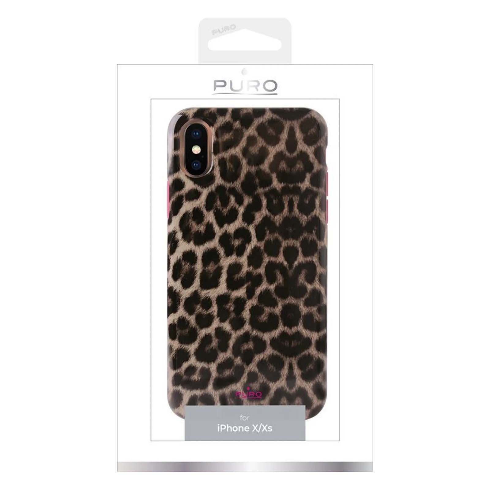 Eine iPhone X/Xs-Hülle mit Leopardenmuster. Die Hülle befindet sich in einer weißen Box mit dem Logo 'PURO'.