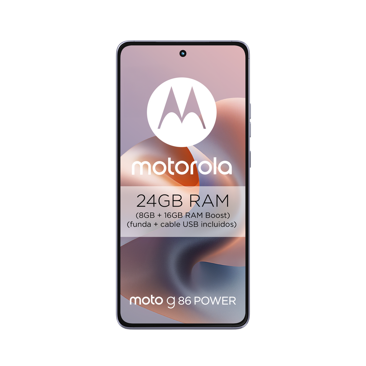 Telefon Motorola z logo, 24 GB RAM i tekstem. Tło ma miękkie gradienty różu i bieli.