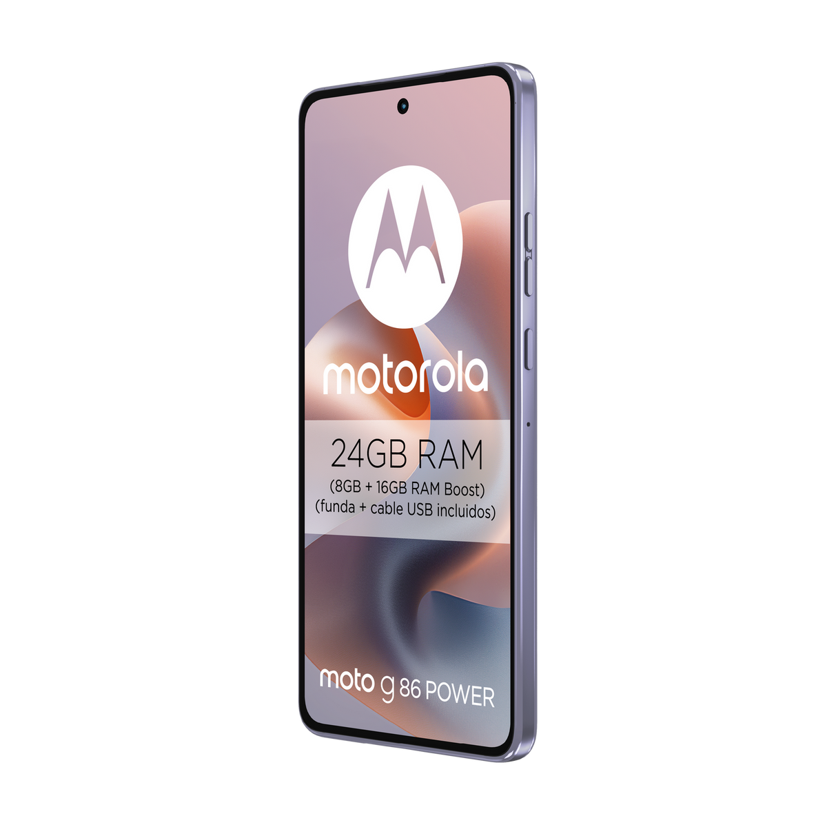 Smartfon Motorola Moto g 86 Power. Wyświetlacz pokazuje logo Motorola, 24 GB RAM i szczegóły. Telefon jest jasnofioletowy.