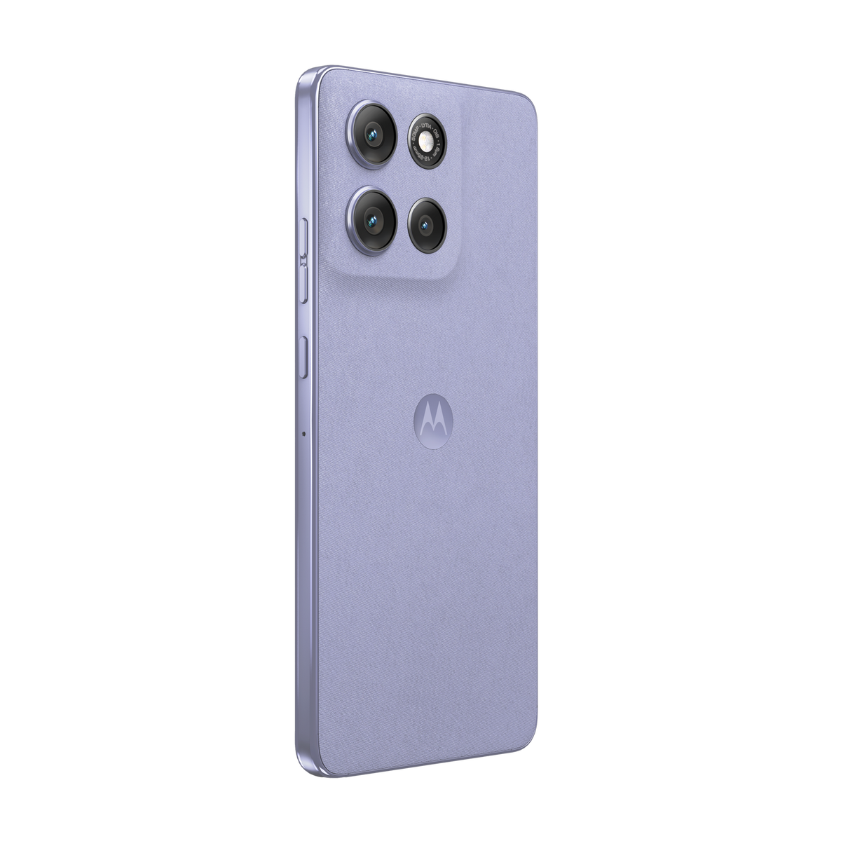 Fioletowy telefon Motorola jest pokazany od tyłu. Ma teksturowany tył, wiele obiektywów aparatu i logo Motorola.
