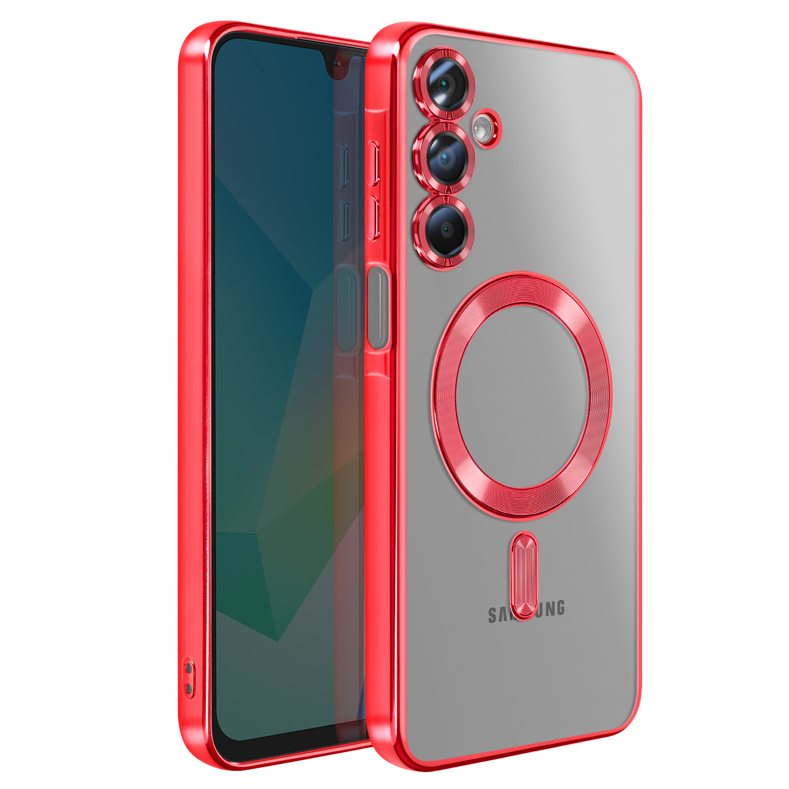 Eine rot gerahmte Handyhülle mit durchsichtigem Rücken. Die Hülle hat ein rotes kreisförmiges Design und drei Kameralinsen.