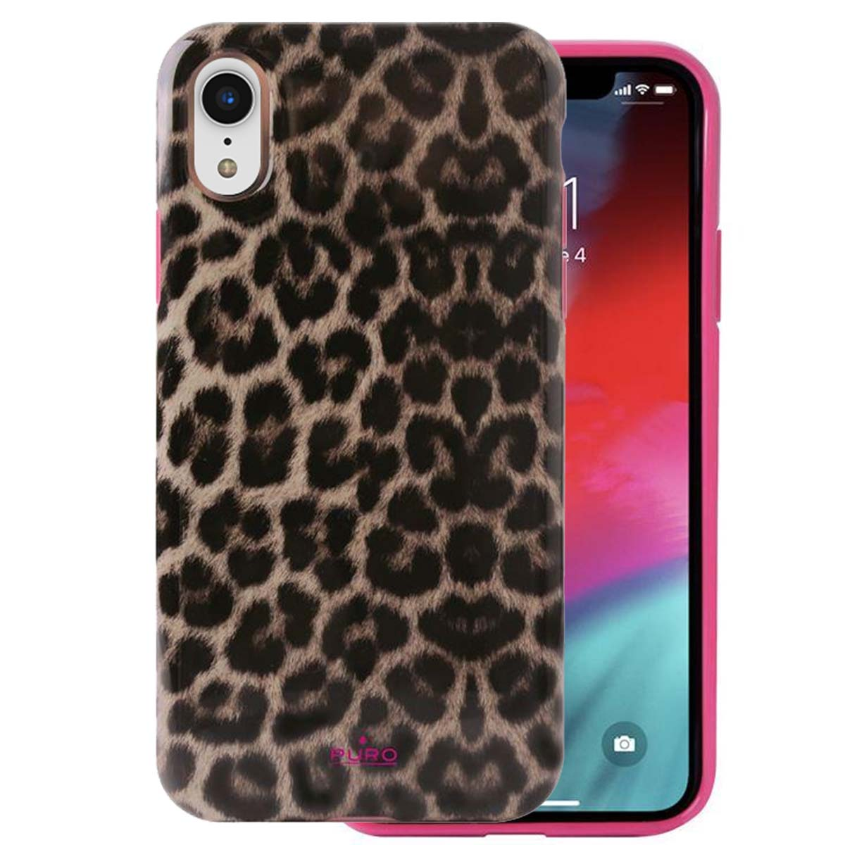 Uno smartphone in una custodia con stampa di ghepardo è in mostra. Il telefono ha una cornice rosa e uno schermo rosso. La custodia ha il logo 'PURO'.