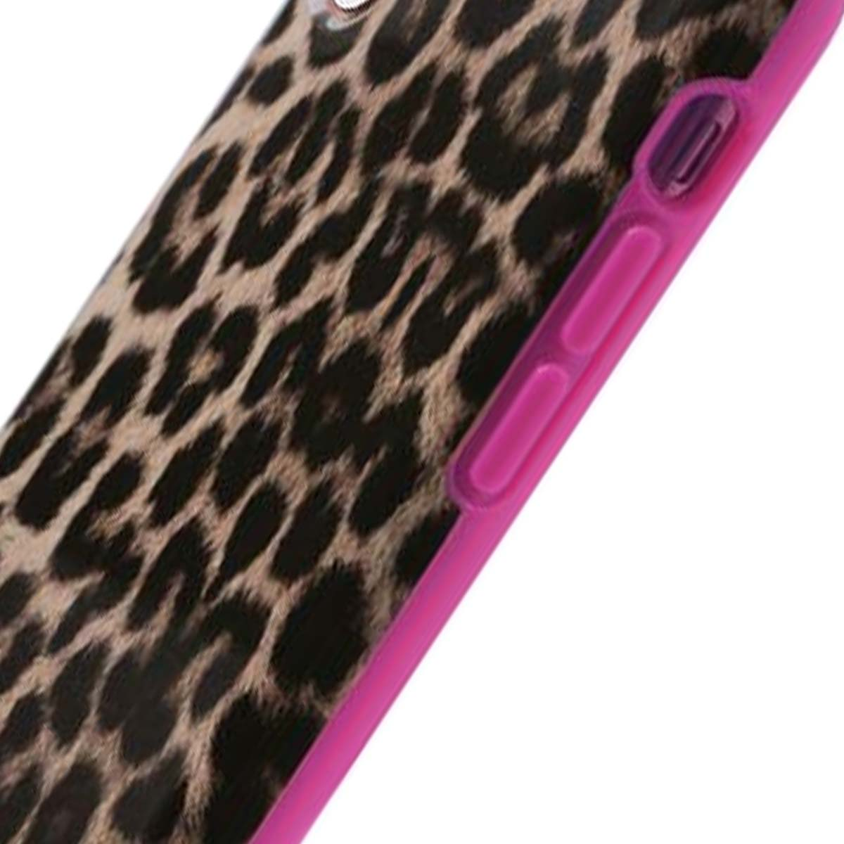 Primo piano di una custodia per telefono con un motivo leopardato. La custodia ha i lati rosa con i pulsanti del volume e di accensione.