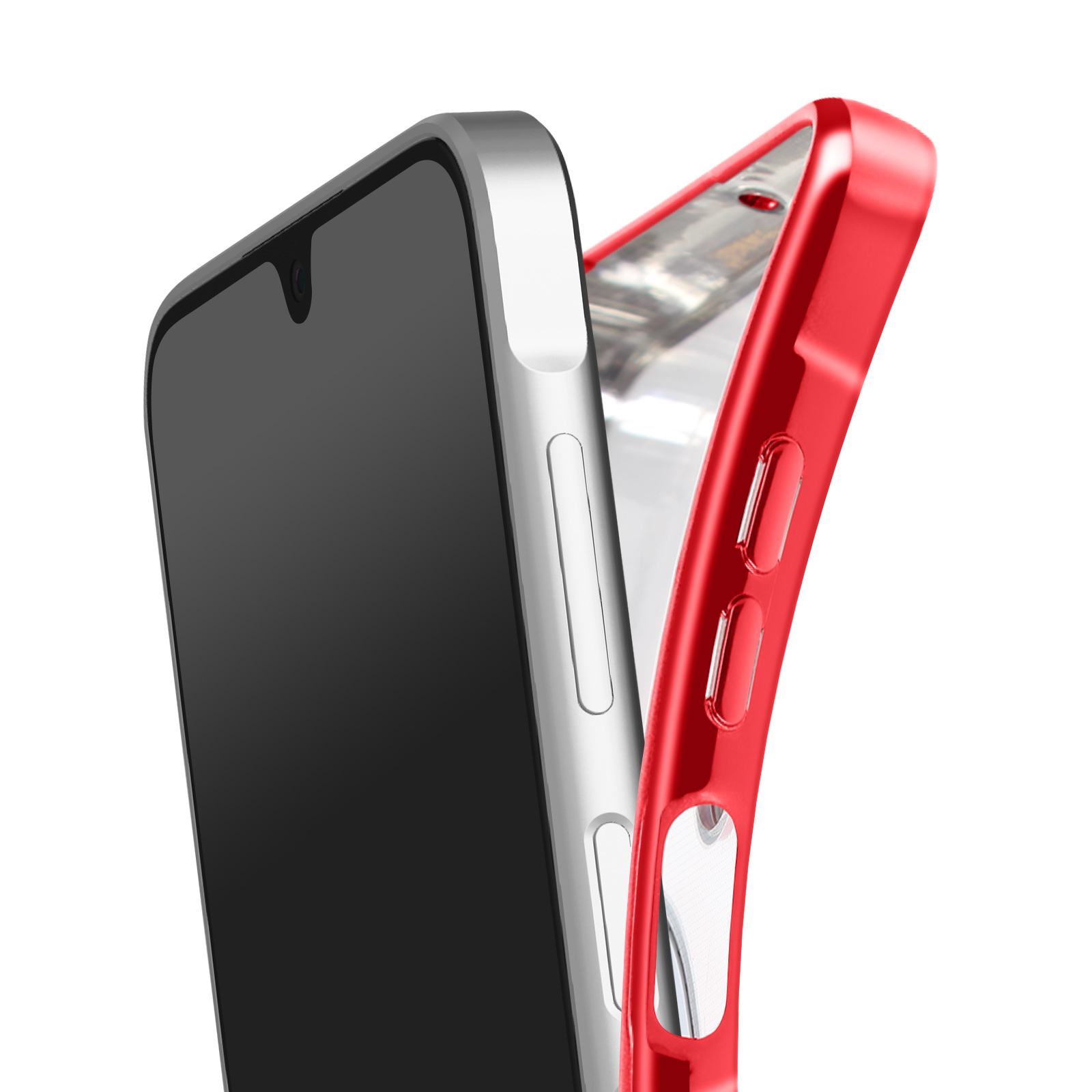 Nahaufnahme eines Smartphones und einer roten Handyhülle, die den Bildschirm und das Design zeigt.