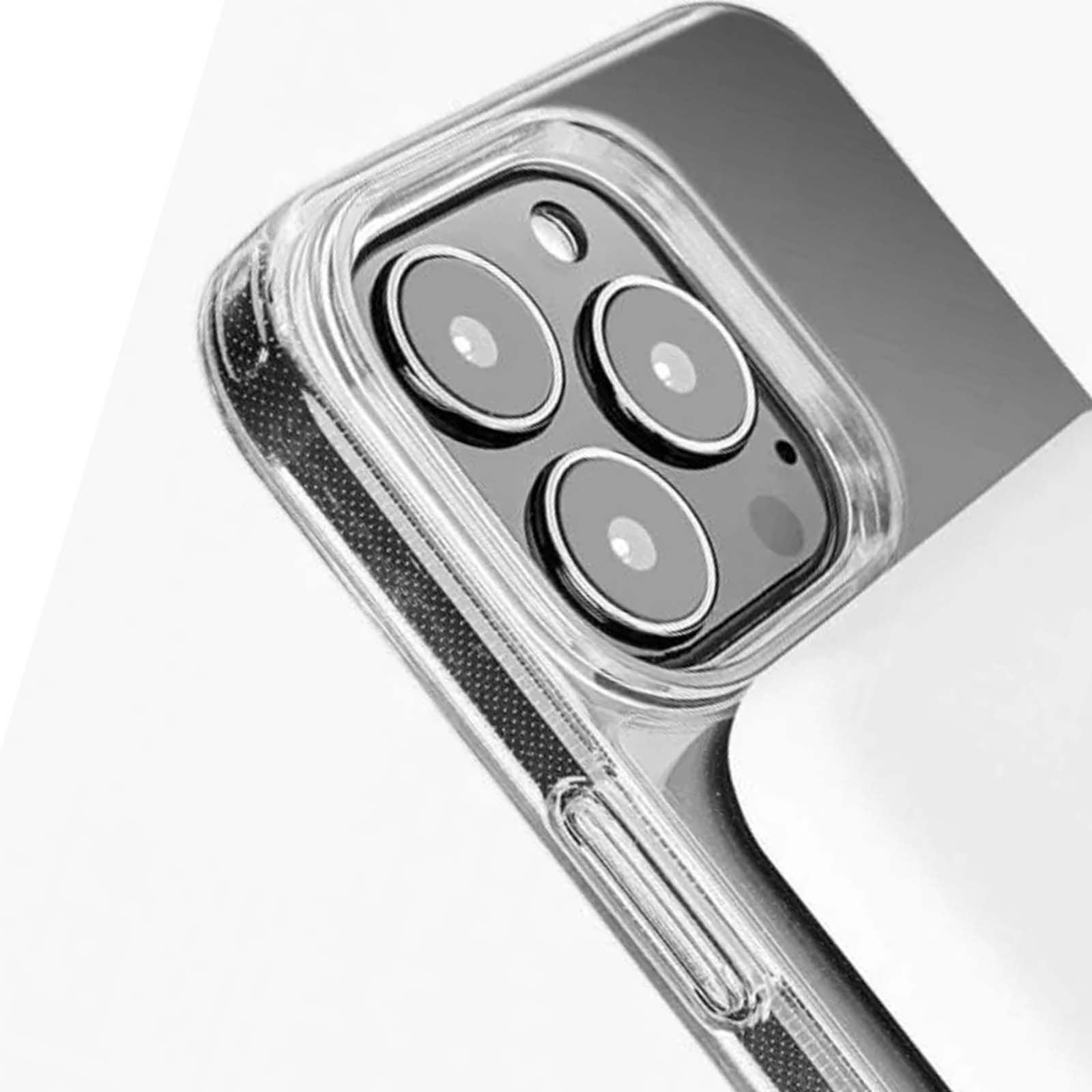 Primo piano del modulo fotocamera di un telefono in una custodia trasparente. Tre lenti visibili, circondate da una cornice.