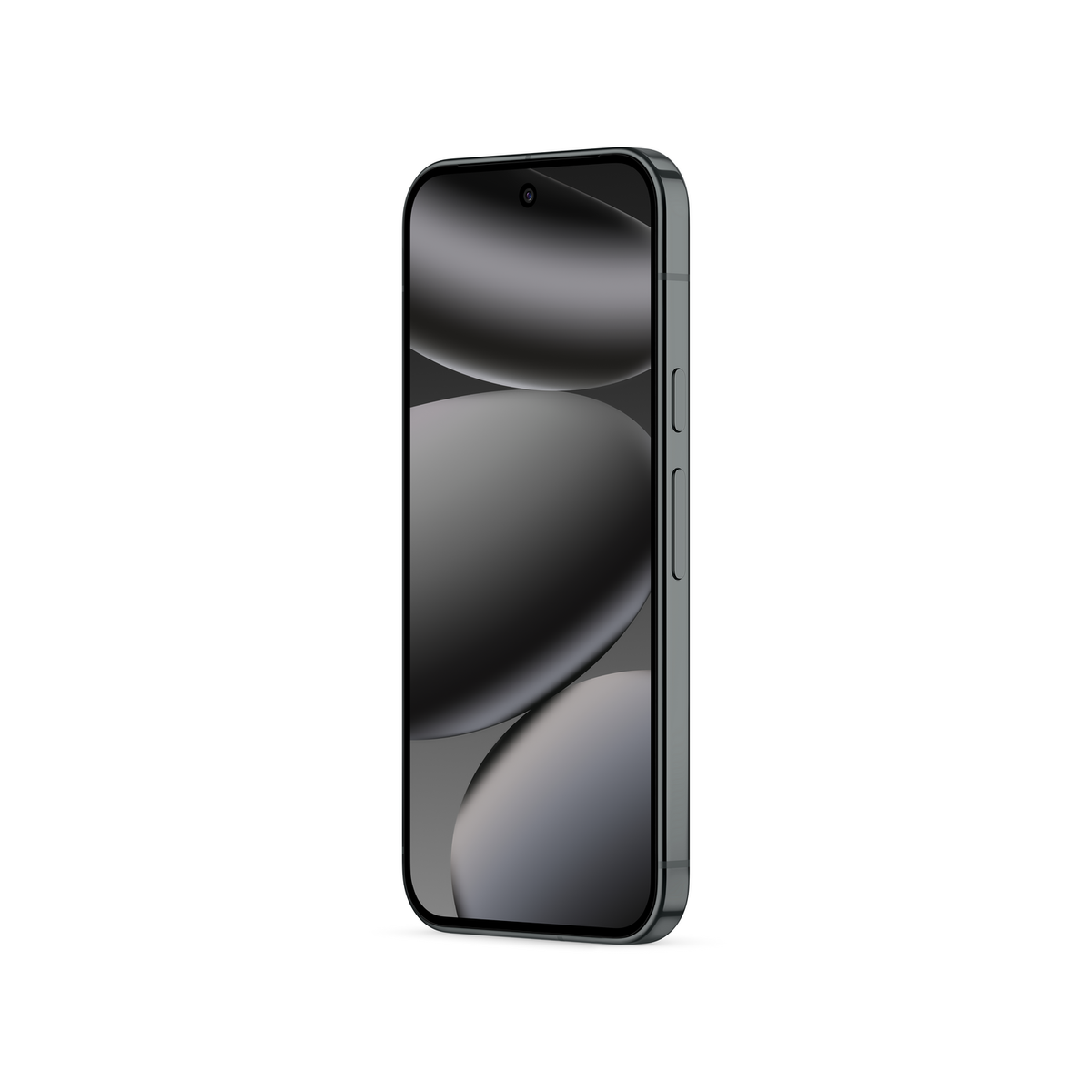 Ciemnoszary smartfon wyświetlany w pionie. Ekran pokazuje szare, gradientowe okręgi. Telefon ma boczne przyciski i aparat.