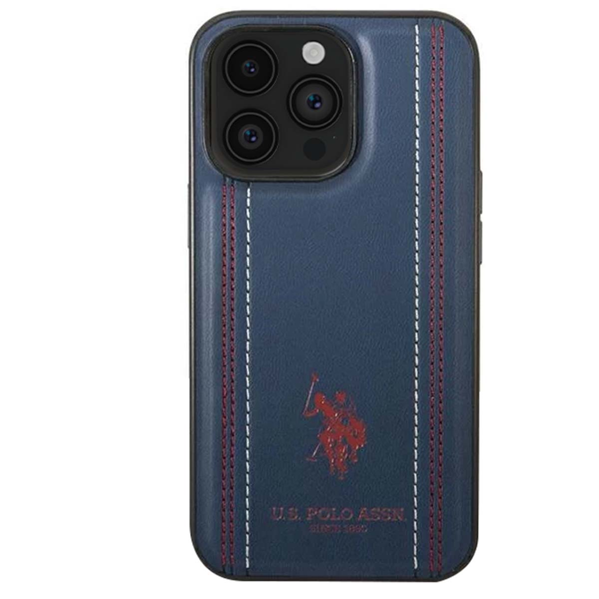 Una custodia per telefono blu navy con un design a cuciture rosse e bianche. Il logo U.S. Polo Assn. è in basso.