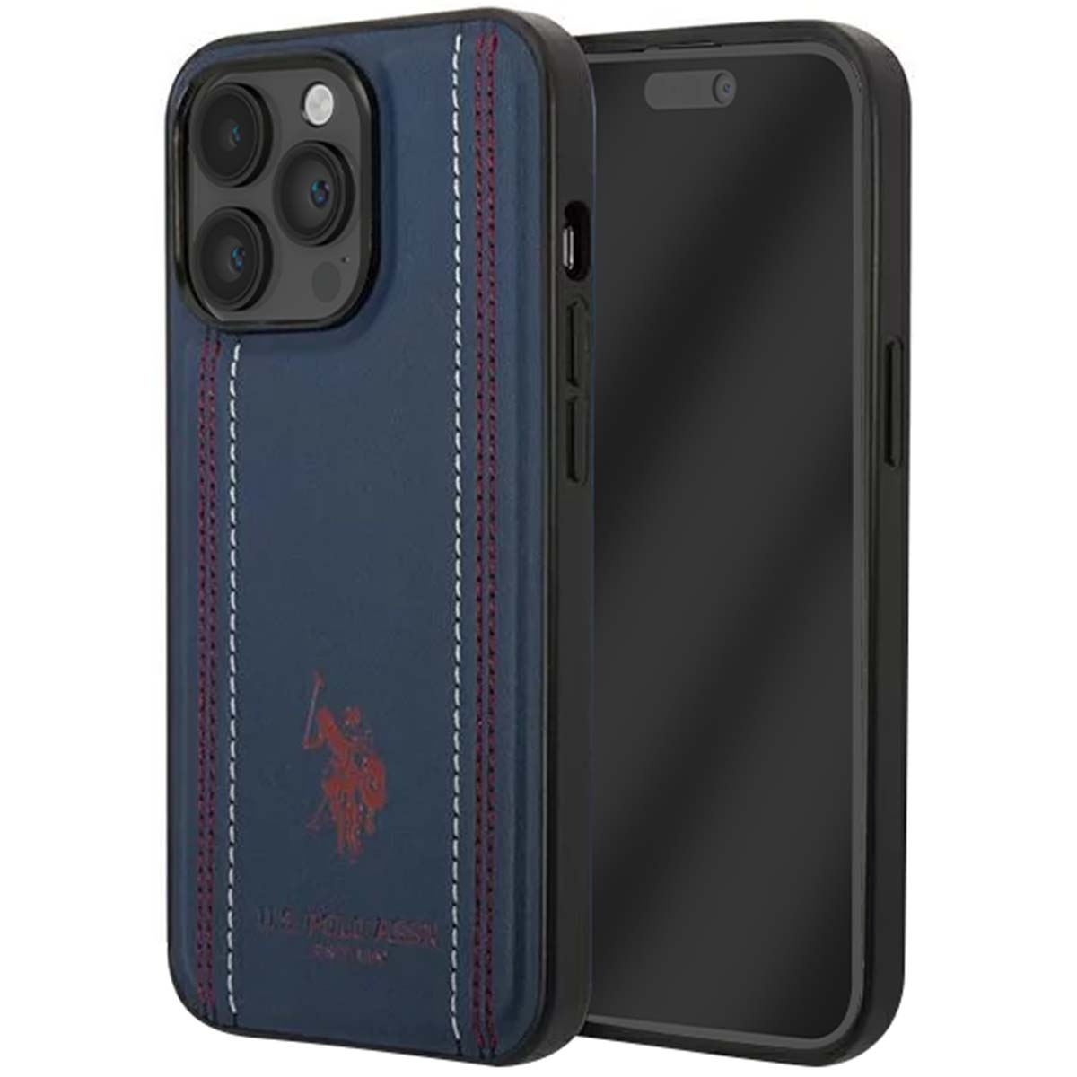 Un telefono in una custodia blu navy con un logo rosso. La custodia ha cuciture bianche. È visibile uno schermo nero del telefono.