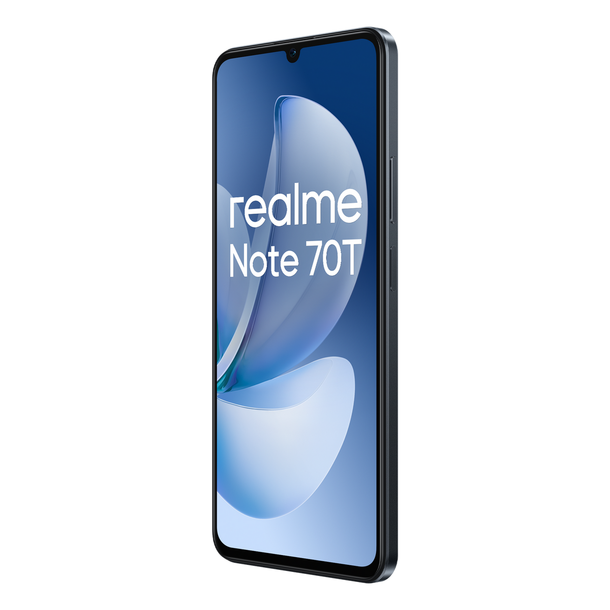 Telefon Realme Note 70T na czarnym tle. Ekran wyświetla niebiesko-biały wzór. Telefon jest szary.