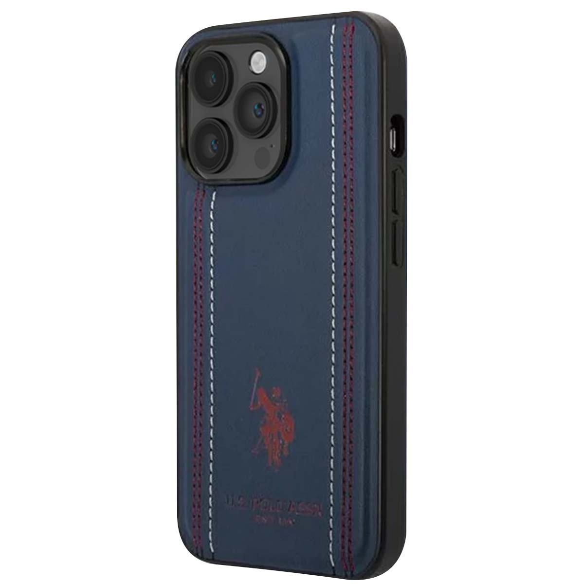 Custodia blu per iPhone con cuciture rosse e bianche, logo giocatore di polo. Cornice nera, tre lenti della fotocamera.