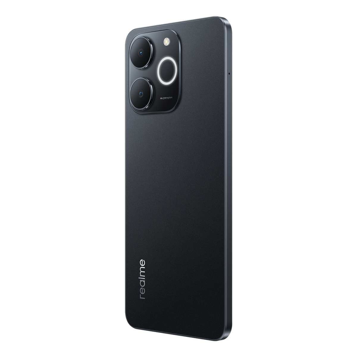 Ciemnoszary smartfon Realme z trzema aparatami i lampą błyskową z tyłu. Telefon jest ustawiony pod kątem na czarnym tle.