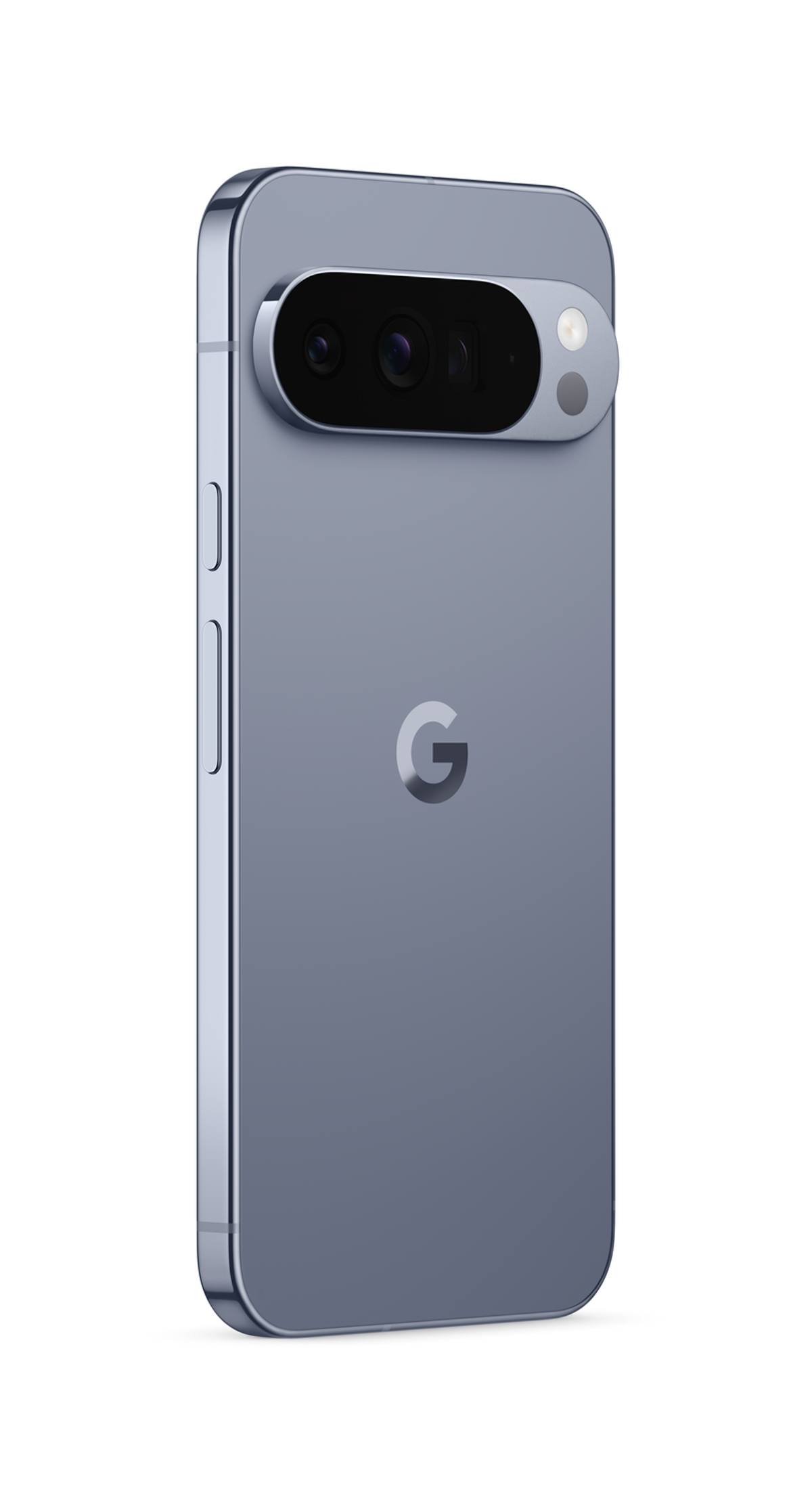 Szary telefon Google Pixel pokazany pod kątem. Widoczny tylny aparat i lampa błyskowa. Logo Google znajduje się na środku.