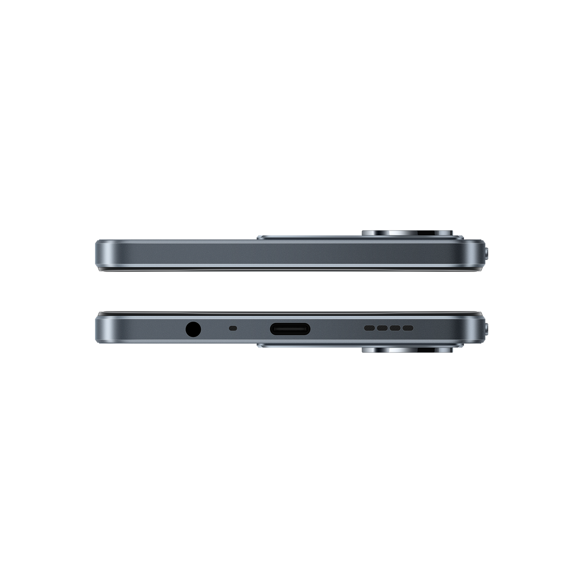 Dwa smartfony na czarnym tle. Jeden pokazuje górę, drugi dół. Szare z czarnymi detalami.