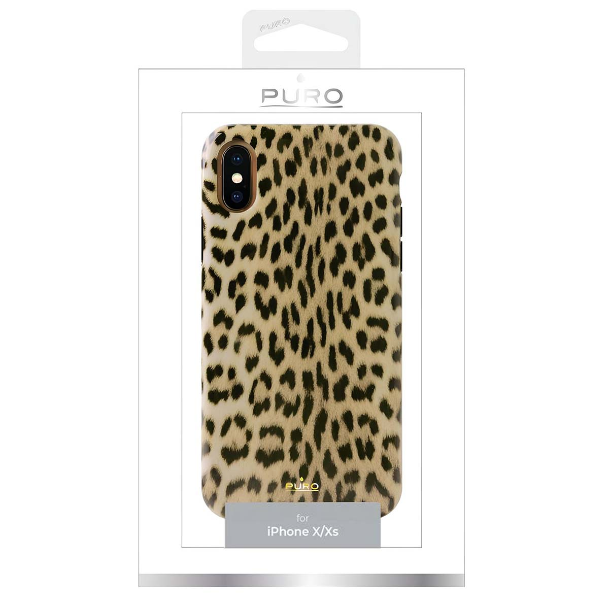 Una custodia con stampa leopardata per iPhone X/Xs è in una confezione bianca. La custodia ha un ritaglio nero per la fotocamera.