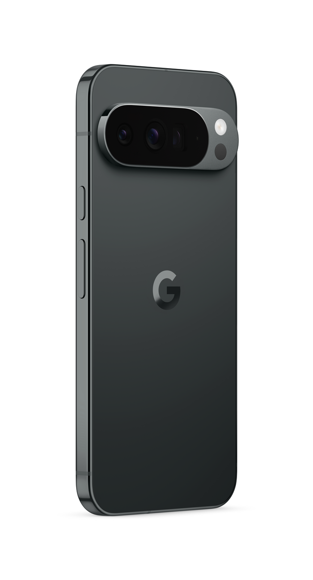 Ciemnoszary smartfon. Pasek aparatu u góry ma wiele obiektywów. Logo Google znajduje się na środku.