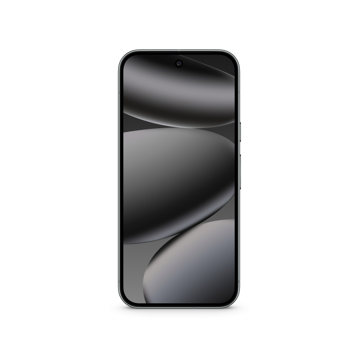 Smartfon z czarnym ekranem i srebrną ramką. Ekran wyświetla gradient szarych kół. Tło jest białe.