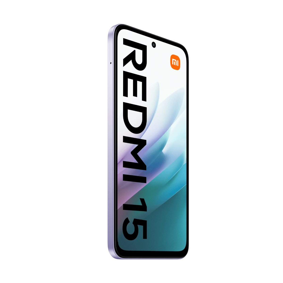 Un teléfono inteligente Redmi 15 morado se muestra verticalmente. La pantalla muestra un diseño abstracto colorido con el logo de Xiaomi.