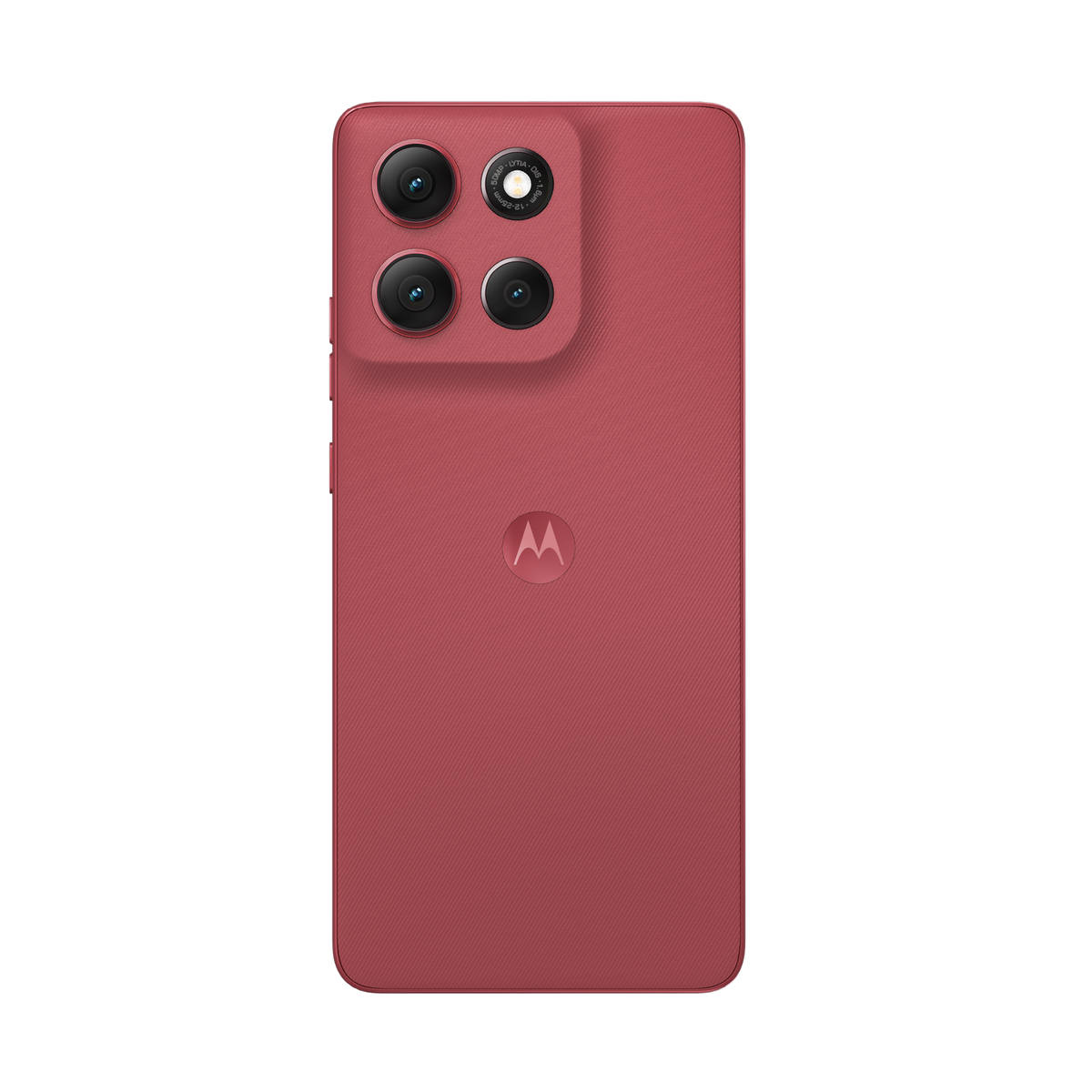 Widok z tyłu czerwonego telefonu Motorola z czterema obiektywami i logo Motorola. Tło jest czarne.