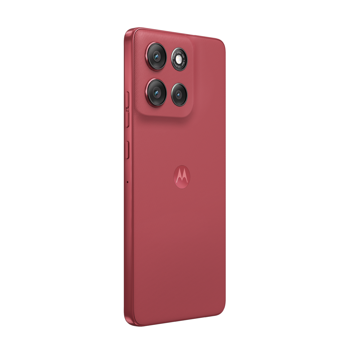 Czerwony smartfon z czterema aparatami. Logo Motorola z tyłu. Czarne tło.