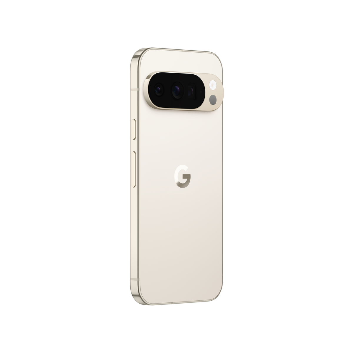 Jasnozłoty smartfon, widok z tyłu, z listwą aparatu z wieloma obiektywami i logo Google na białym tle.