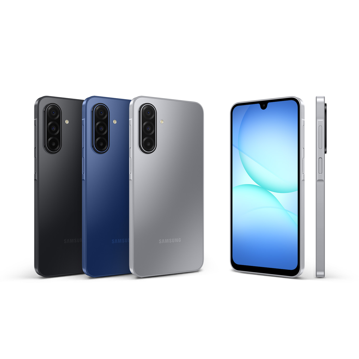 Cztery smartfony: czarne, niebieskie i szare widoki z tyłu. Ekran jednego telefonu jest włączony. Białe tło.