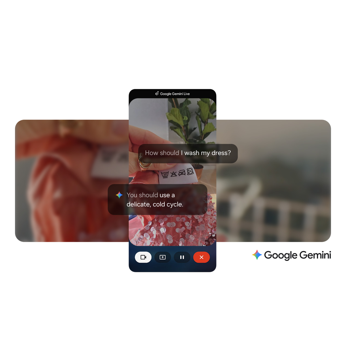 Ekran telefonu pokazuje metkę sukienki z instrukcją prania. AI sugeruje delikatny, zimny cykl. Logo Google Gemini po prawej.