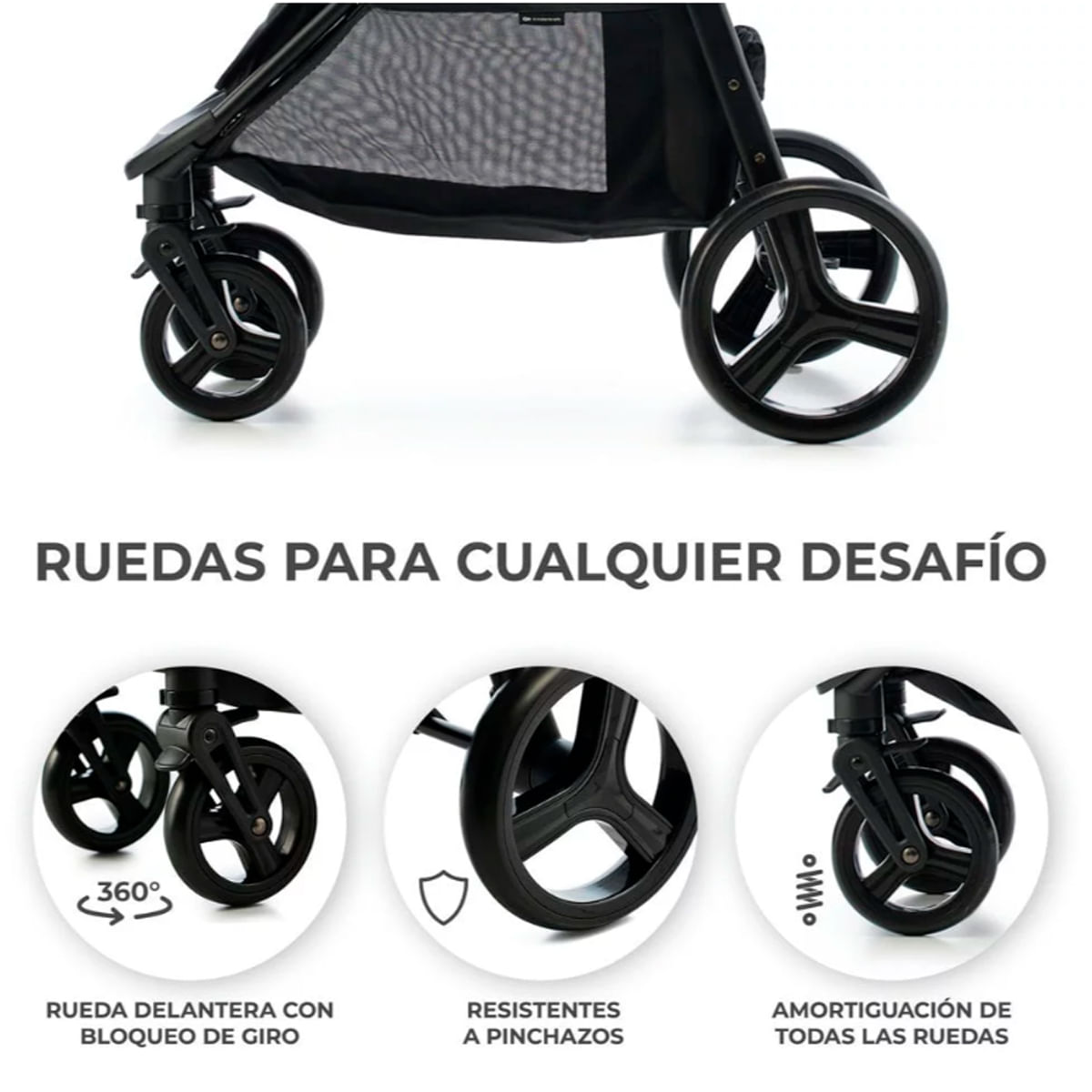 Imagen muestra un cochecito negro con texto: 'Ruedas para cualquier desafío'. Características: rueda delantera con bloqueo, resistencia a pinchazos y absorción de impactos.