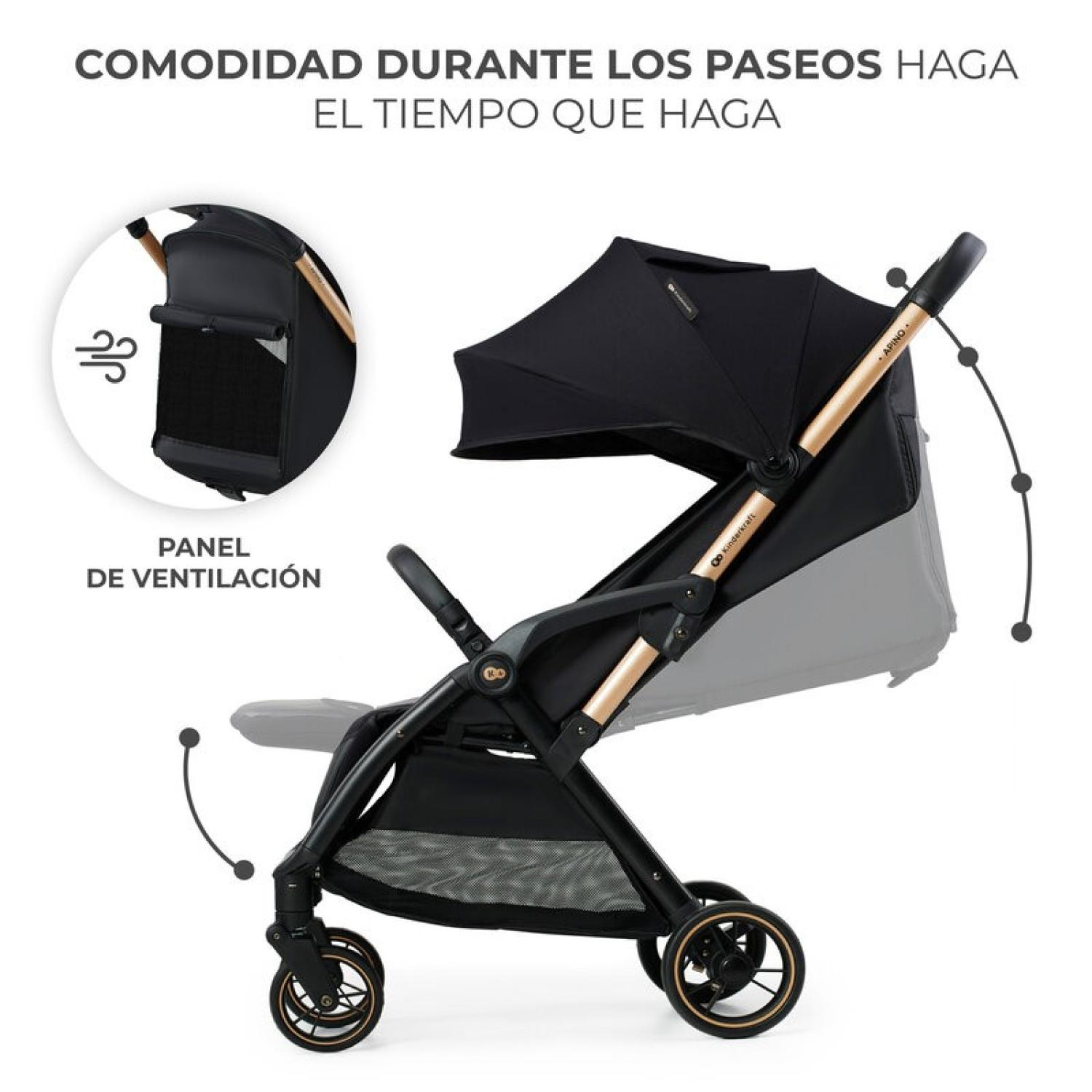 Schwarzer und goldfarbener Kinderwagen. Zu den Merkmalen gehören ein Belüftungselement, ein verstellbarer Sonnenschutz und ein Aufbewahrungskorb.