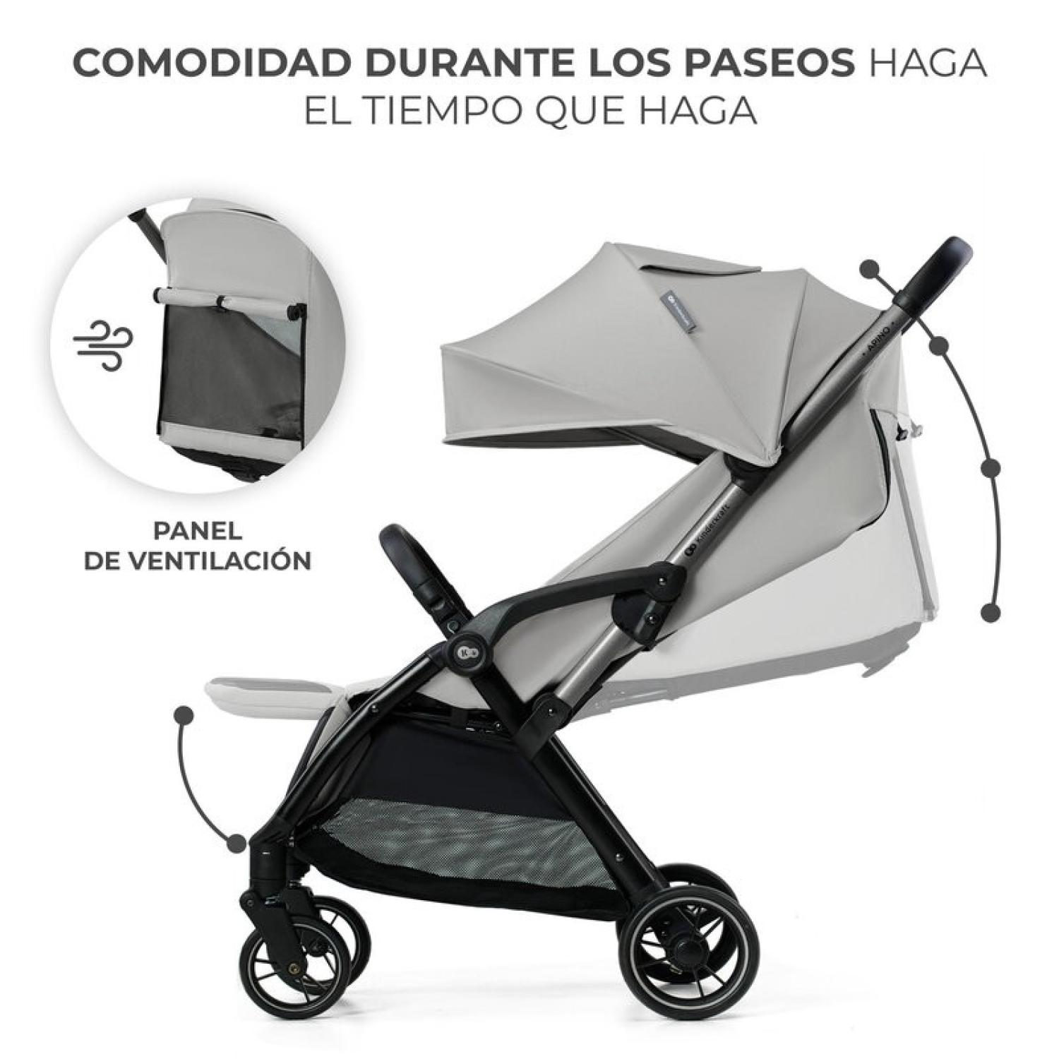 Ein grauer Kinderwagen mit schwarzen Akzenten, einem Belüftungselement und einem Sonnensegel. Text: 'Komfort bei Spaziergängen, egal bei welchem Wetter'.