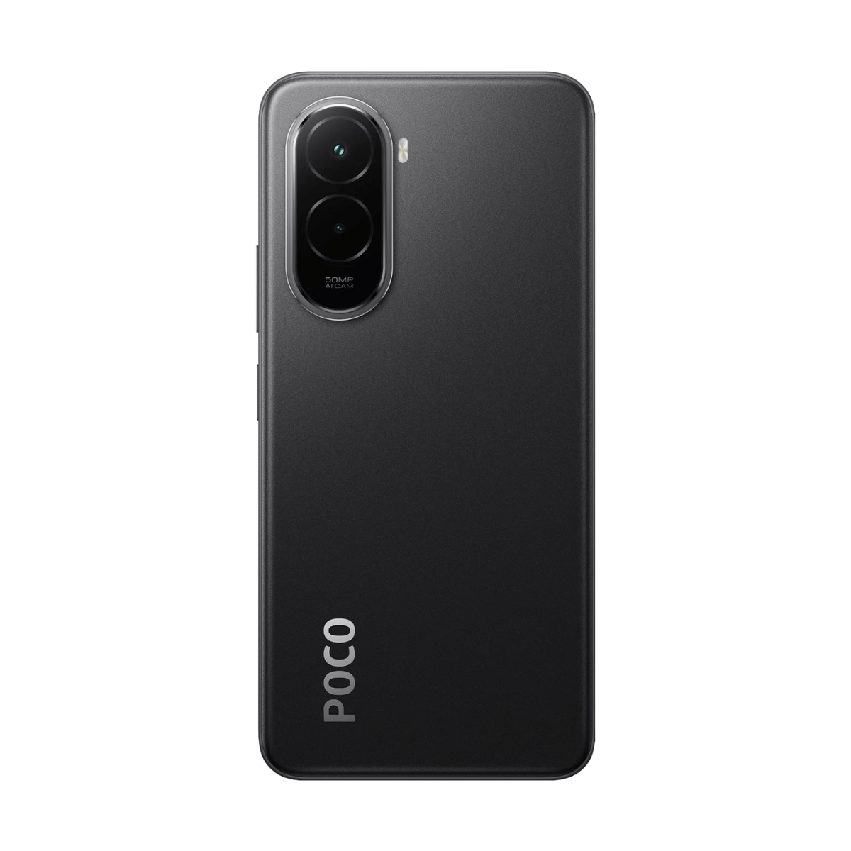 Parte trasera de smartphone negro con cámaras duales y el logotipo de POCO. El teléfono está sobre un fondo blanco.