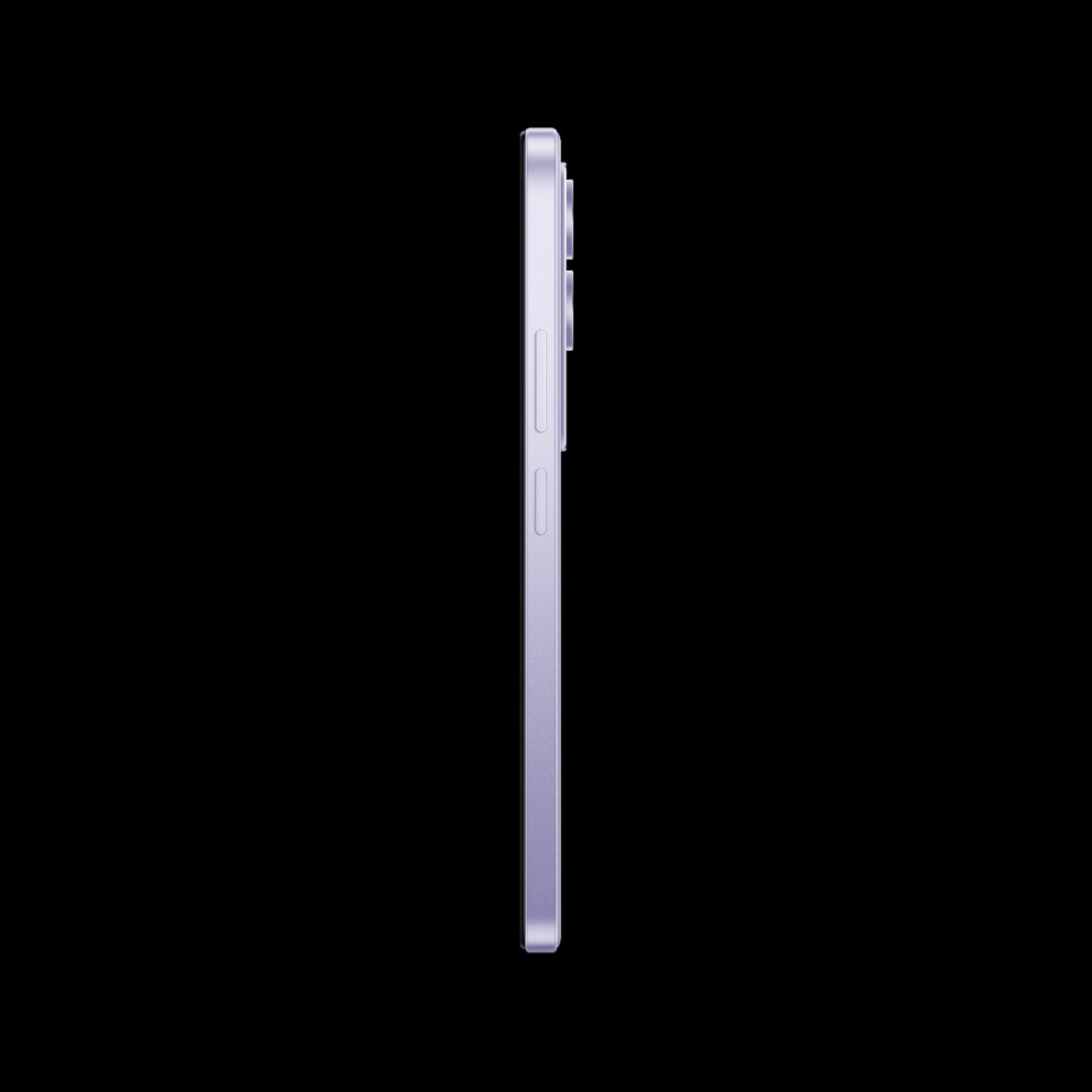 Vue latérale d'un smartphone violet sur fond noir. Le téléphone a des boutons et une bosse de caméra.