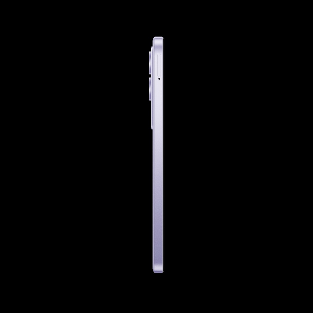 Vue latérale d'un smartphone violet clair sur fond noir. Boutons et caméra visibles sur le côté.