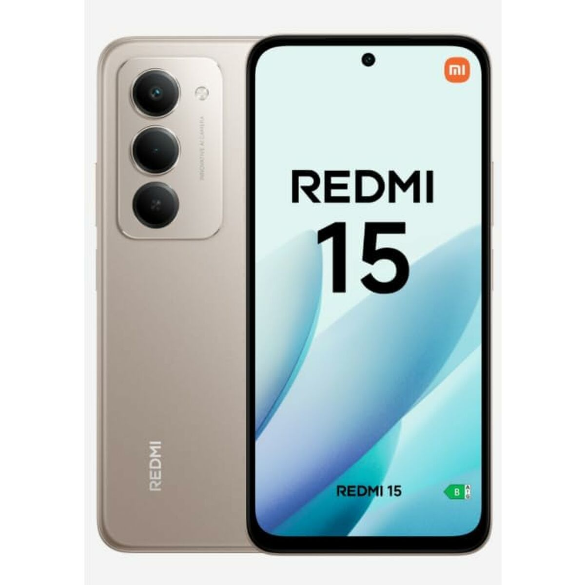 Uno smartphone Redmi 15 beige, che mostra lo schermo e il retro. Lo schermo mostra 'Redmi 15'. Tre fotocamere sul retro.