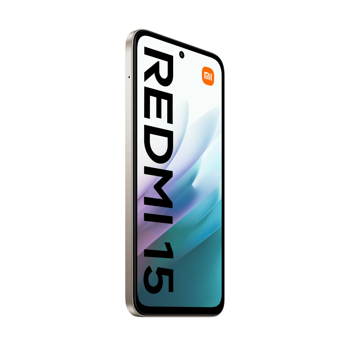 Uno smartphone con il nome REDMI 15 sullo schermo. Il telefono è di colore chiaro con uno schermo nero. Il logo Xiaomi è visibile.